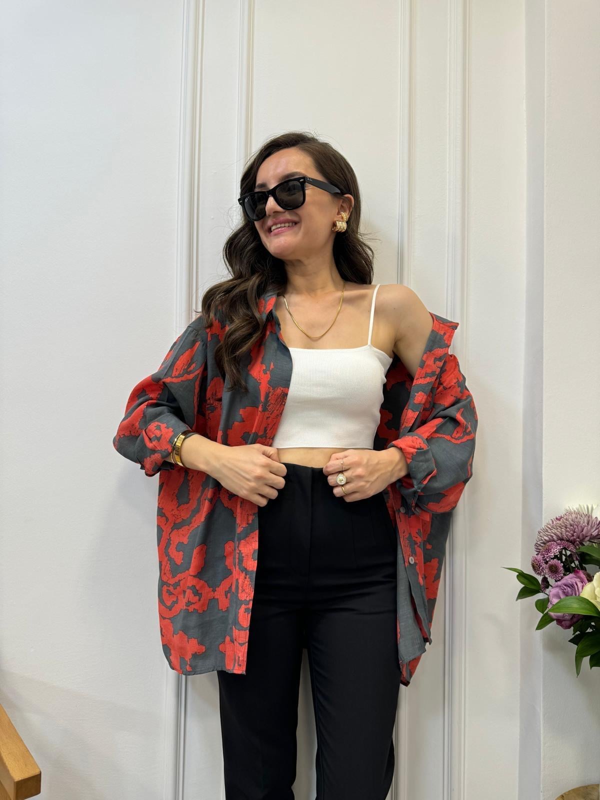 Füme Desenli Lüx Kalite Oversize Gömlek 4832