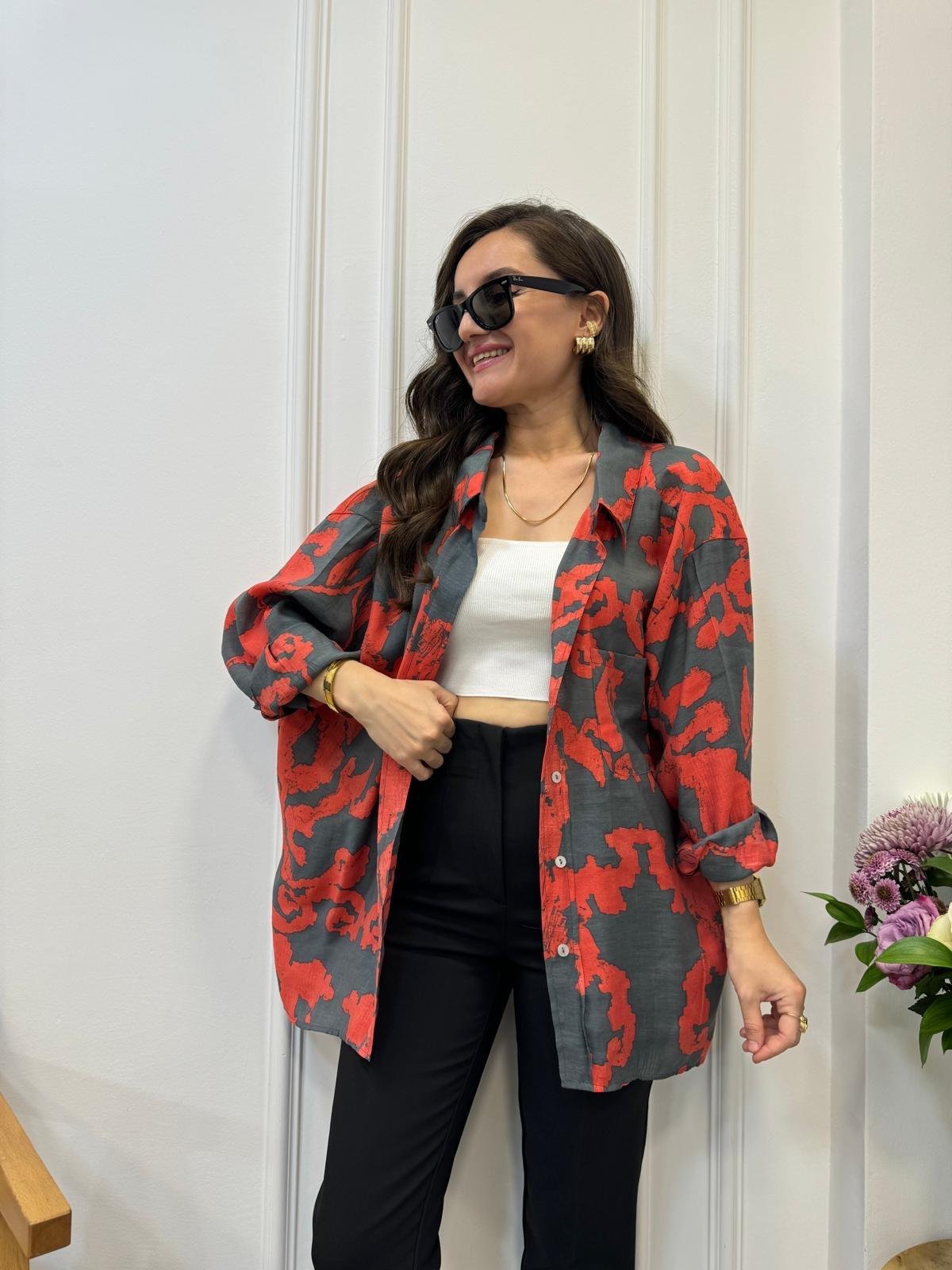Füme Desenli Lüx Kalite Oversize Gömlek 4832