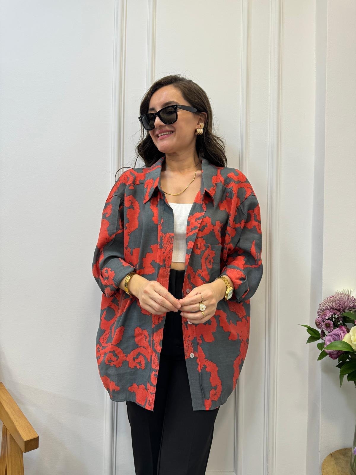 Füme Desenli Lüx Kalite Oversize Gömlek 4832