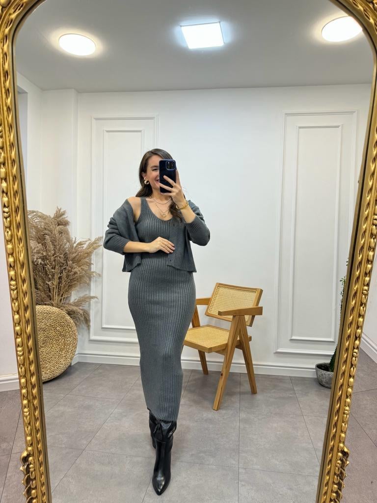 Füme Fitilli Elbise Hırkalı Takım 231062