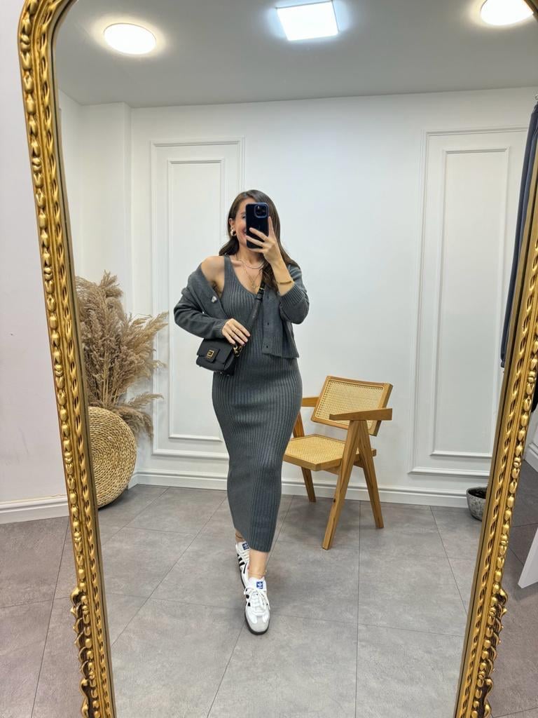 Füme Fitilli Elbise Hırkalı Takım 231062