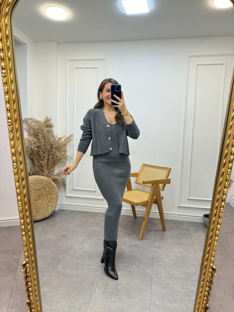 Füme Fitilli Elbise Hırkalı Takım 231062
