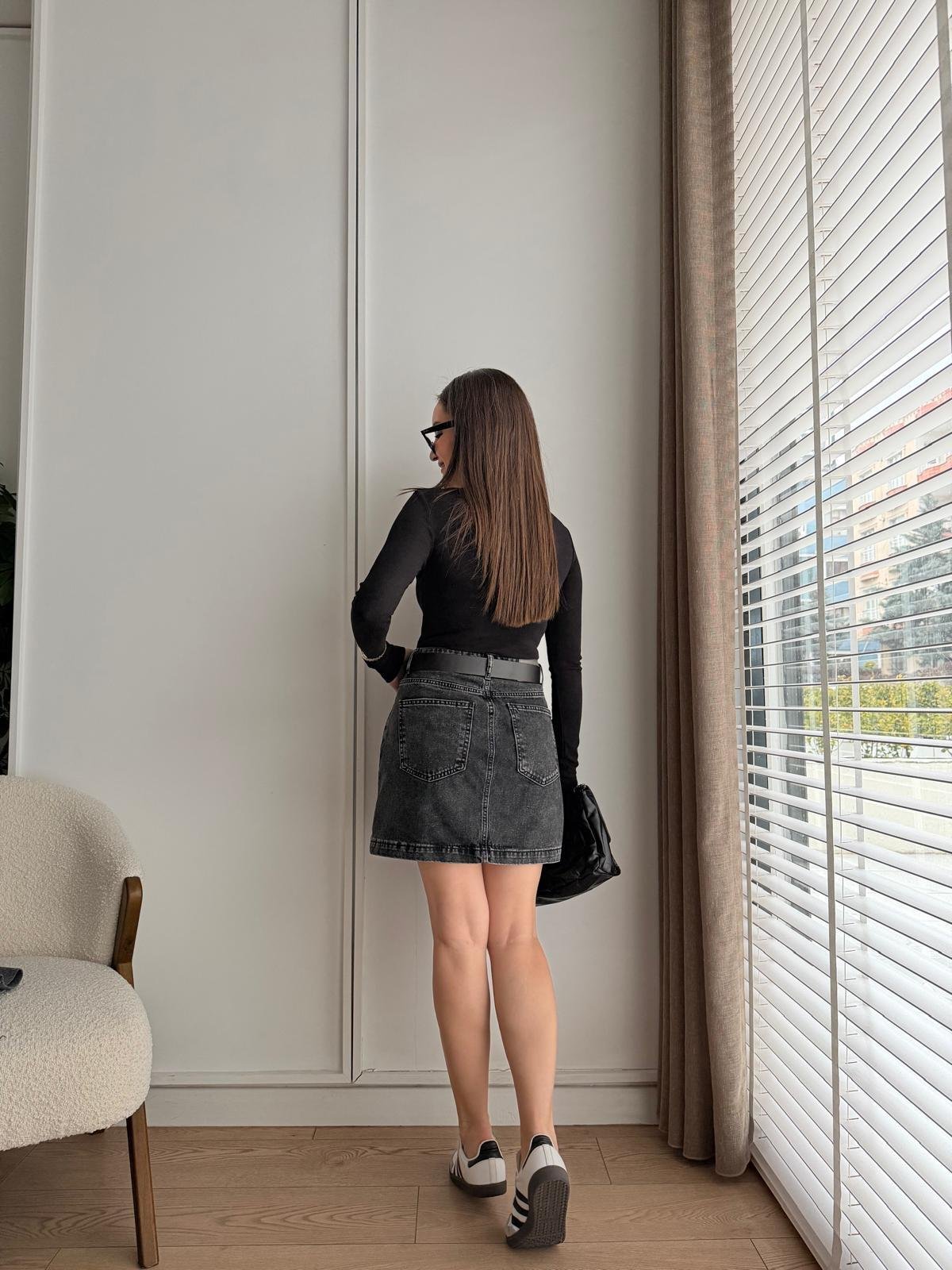 Füme Kemerli Mini Kot Etek 1046
