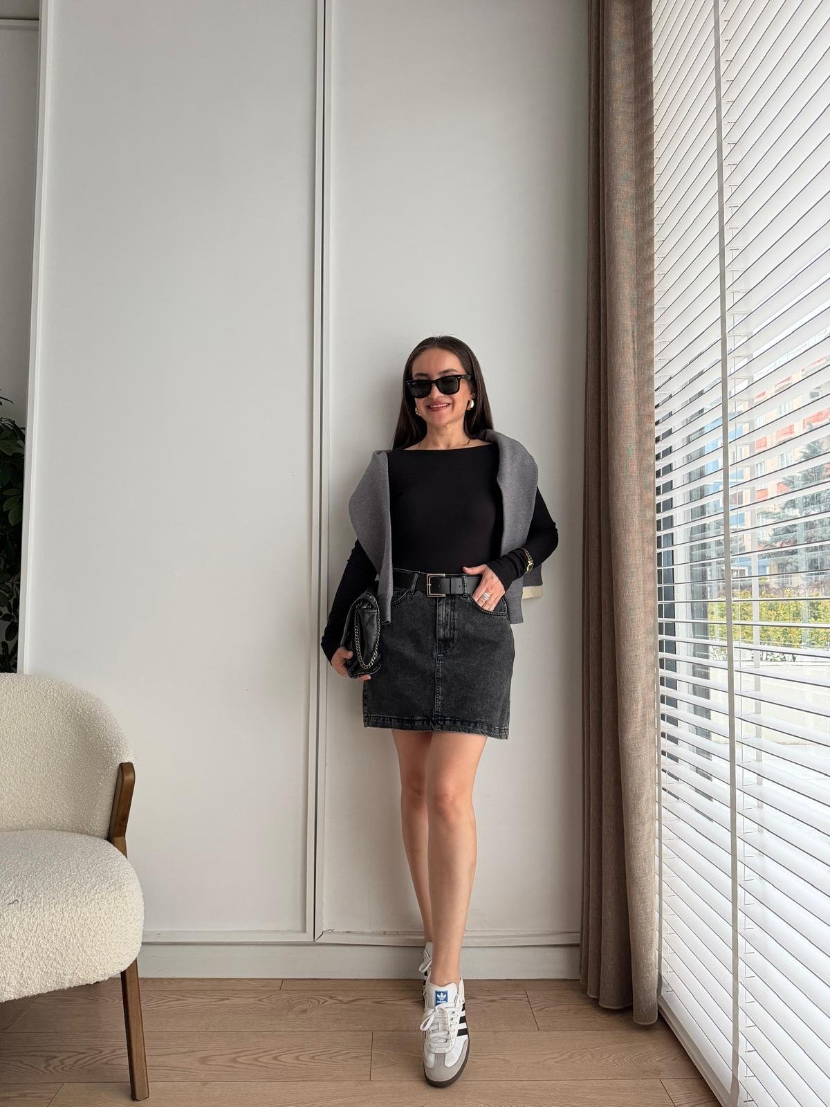Füme Kemerli Mini Kot Etek 1046