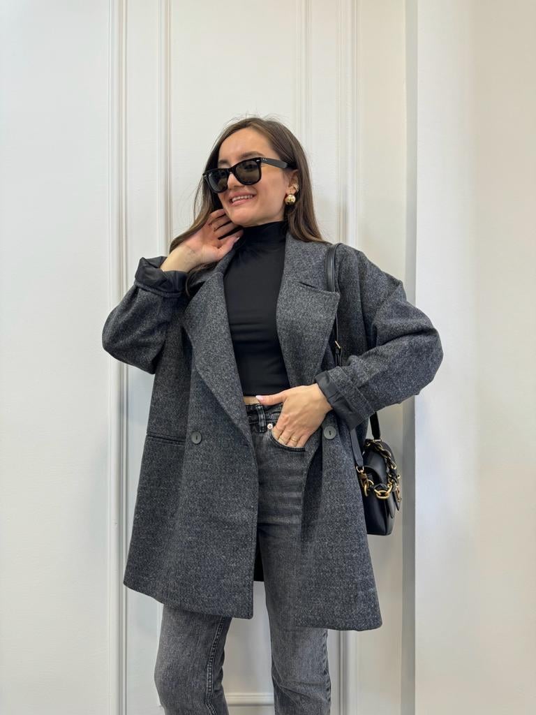 Füme Kruvaze Yaka Oversize Kaşe Kaban 7067