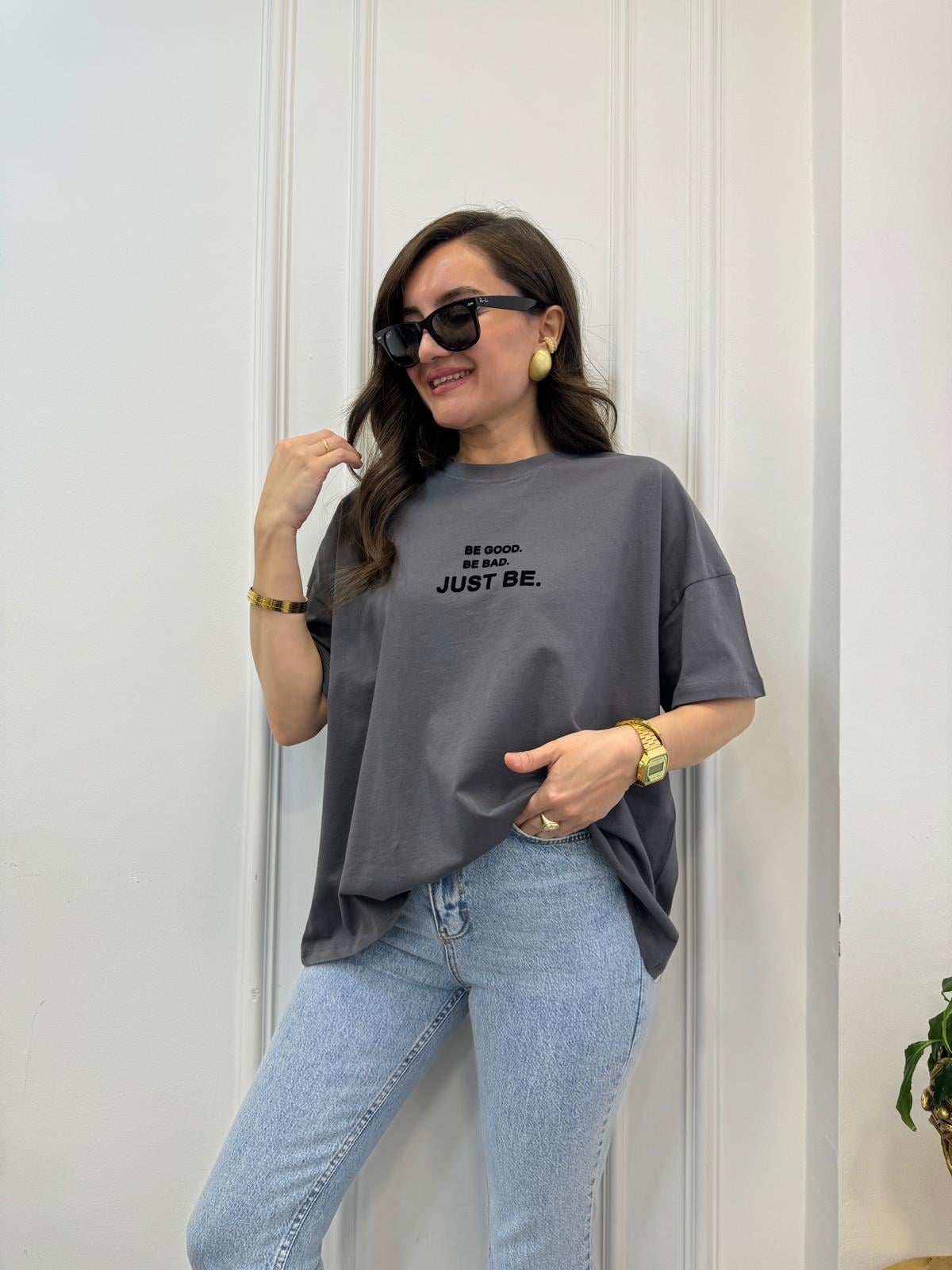 Füme Önü Yazı Baskılı Oversize Tişört 41033
