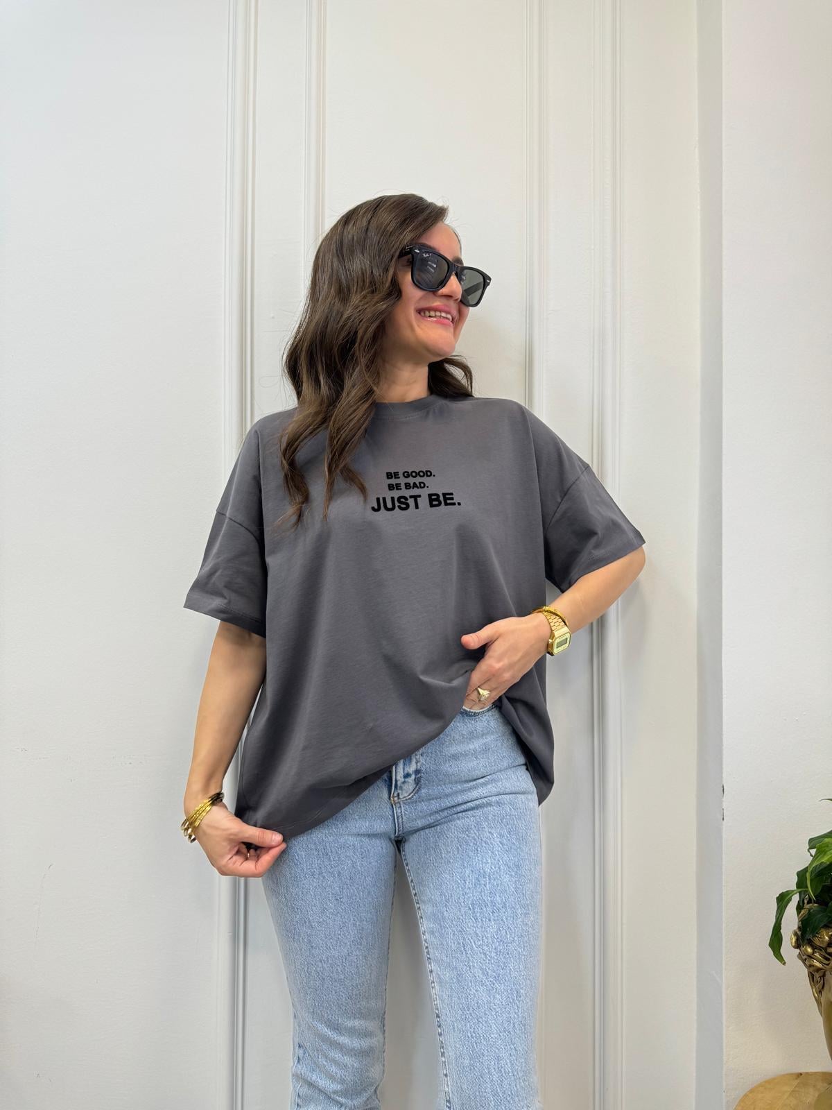 Füme Önü Yazı Baskılı Oversize Tişört 41033