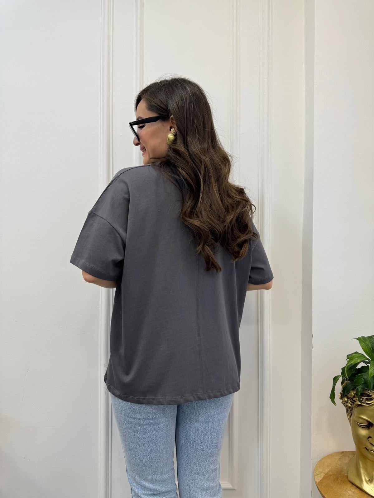 Füme Önü Yazı Baskılı Oversize Tişört 41033