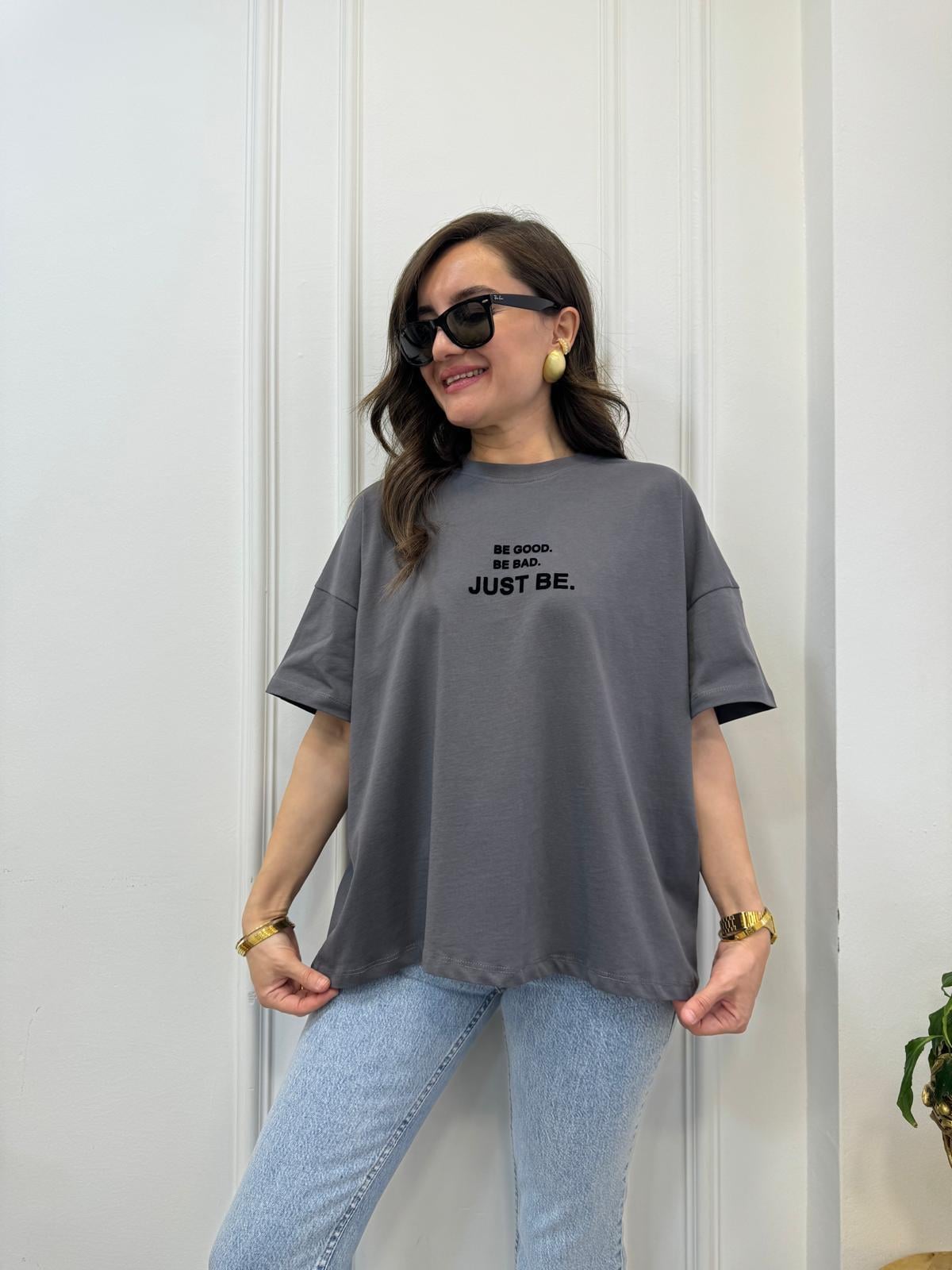 Füme Önü Yazı Baskılı Oversize Tişört 41033