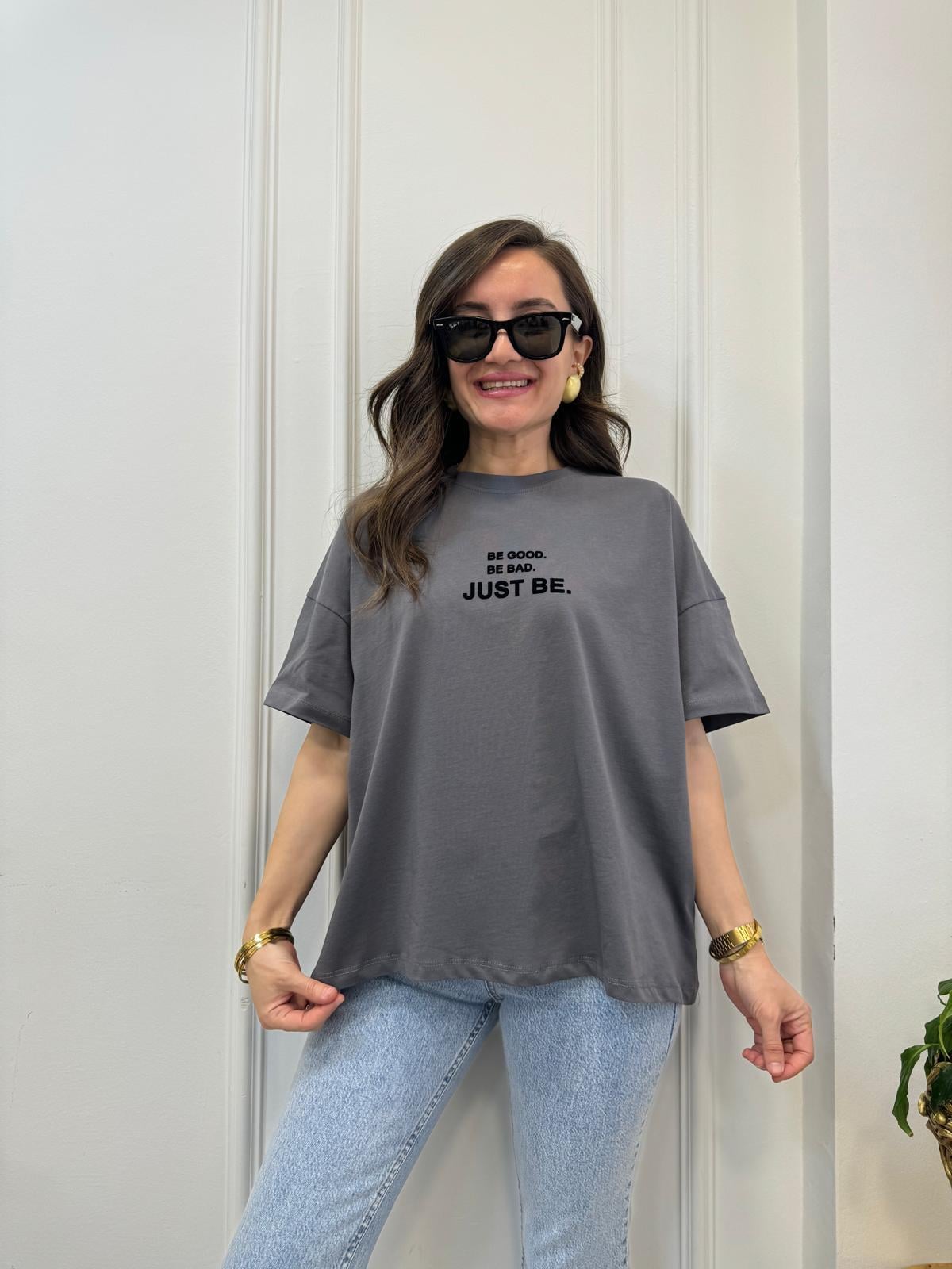 Füme Önü Yazı Baskılı Oversize Tişört 41033