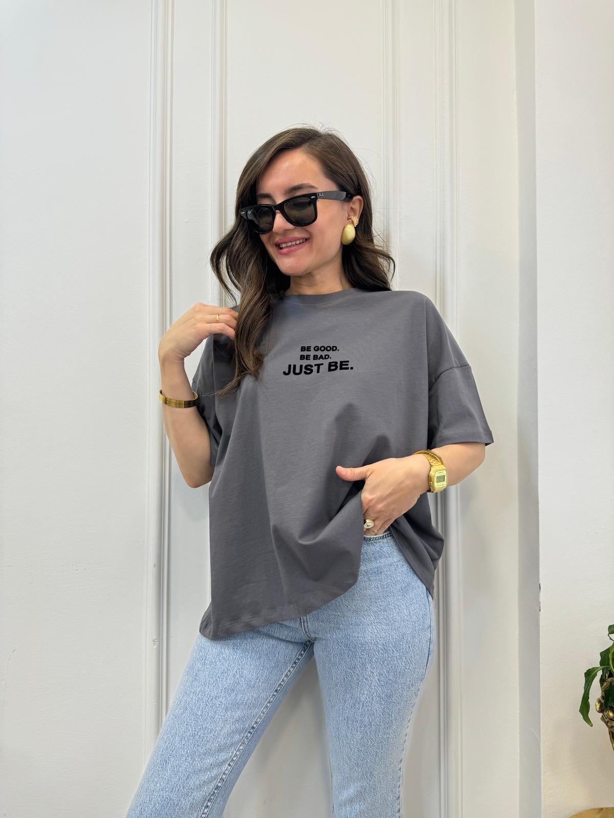Füme Önü Yazı Baskılı Oversize Tişört 41033