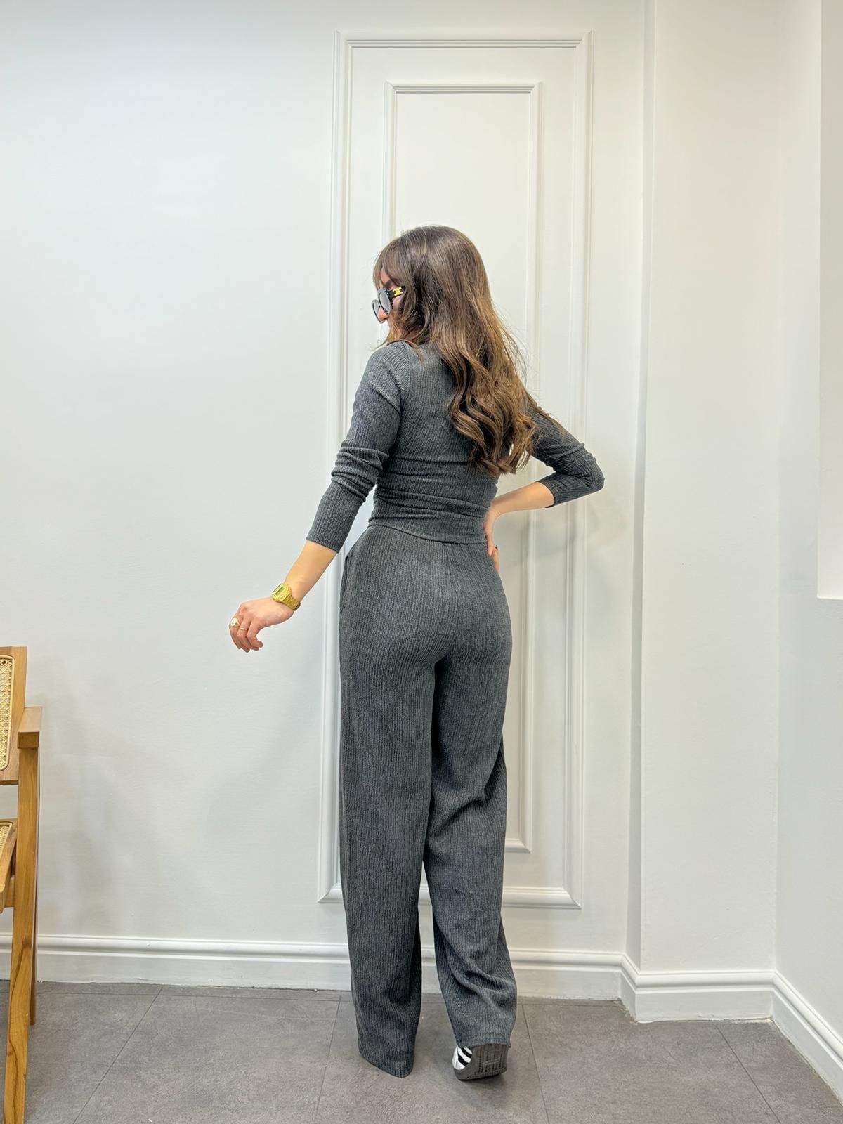 Füme Yıkamalı Krinkıl Kumaş Bluz Pantolon Takım 4090