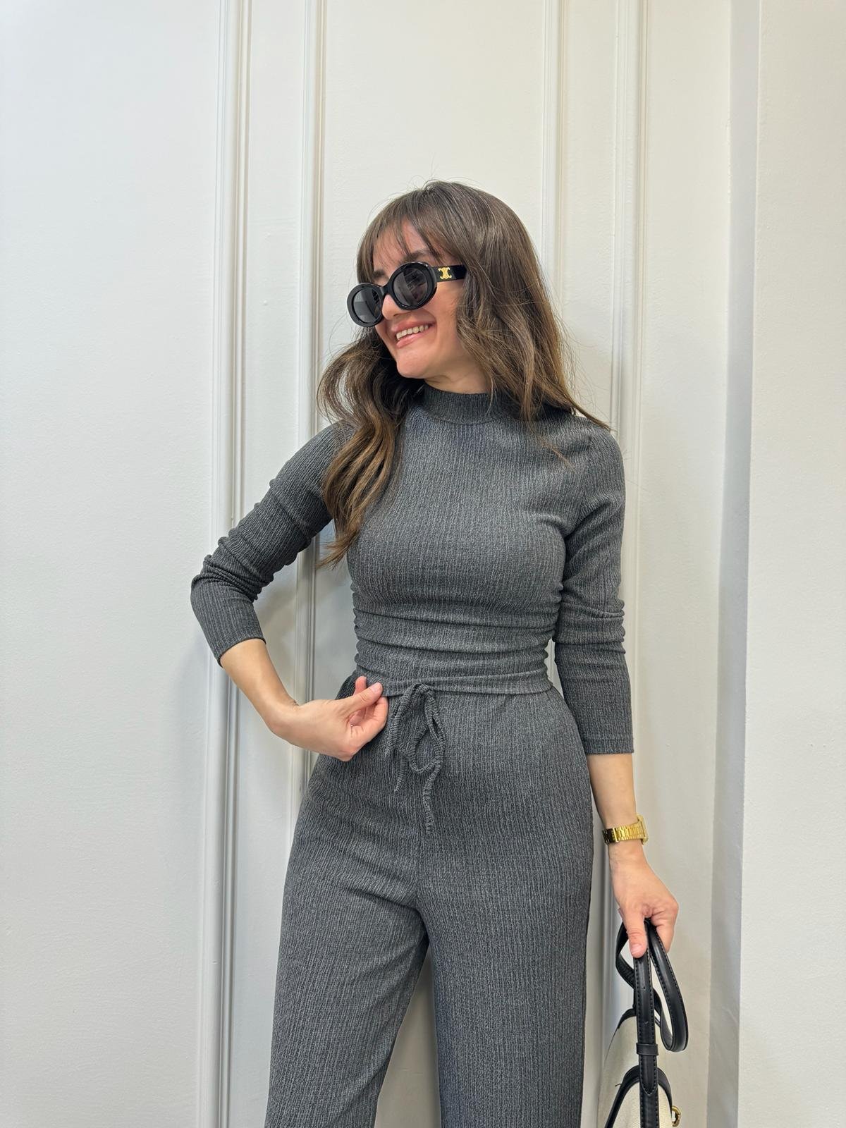 Füme Yıkamalı Krinkıl Kumaş Bluz Pantolon Takım 4090