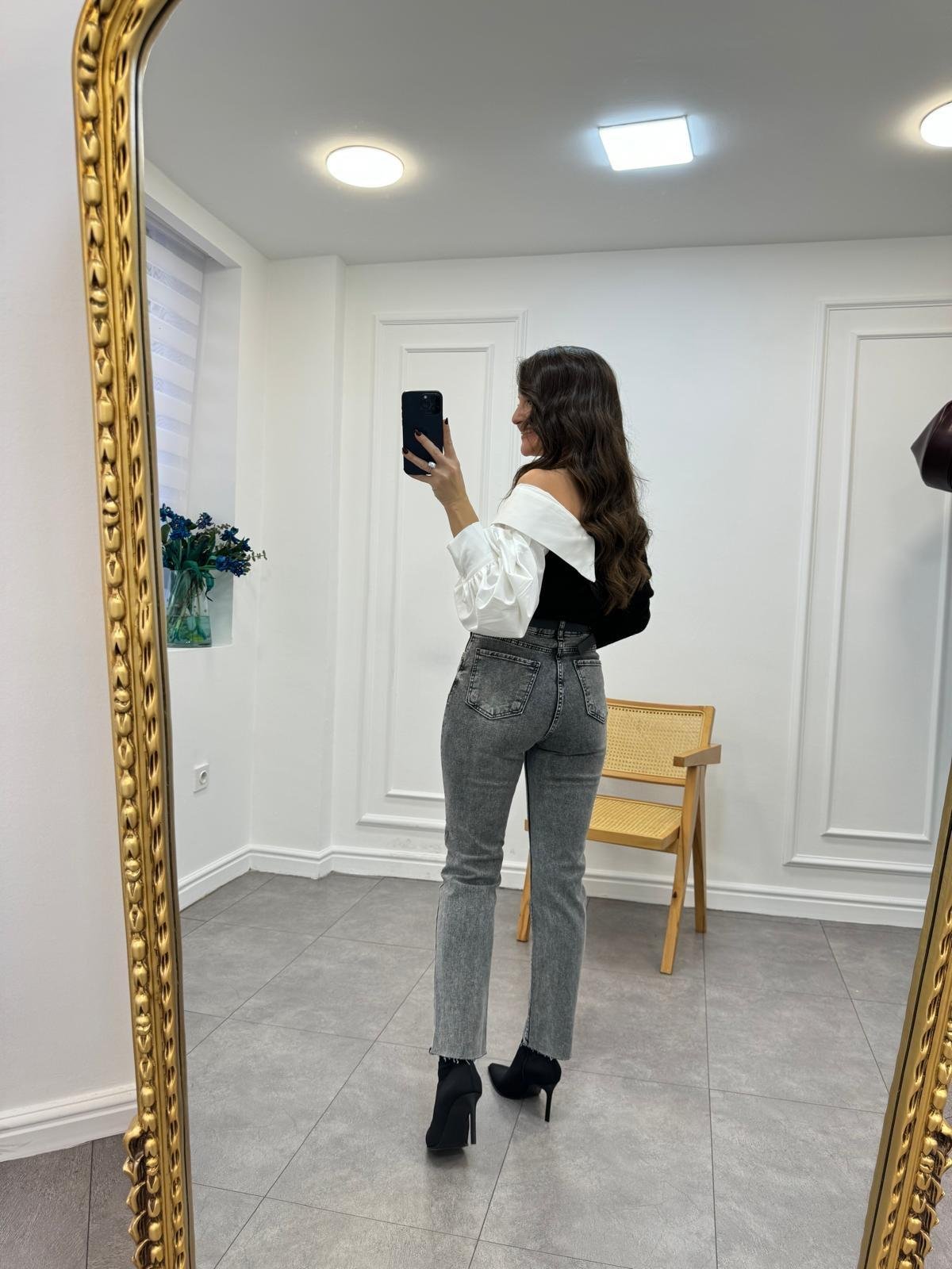 Füme Yüksek Bel Paçası Kesik Mom Jean 0520