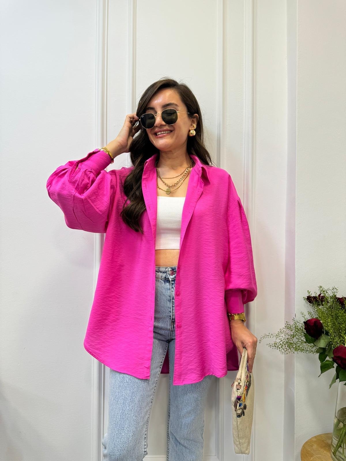 Fuşya Balon Kol Oversize Gömlek 0341