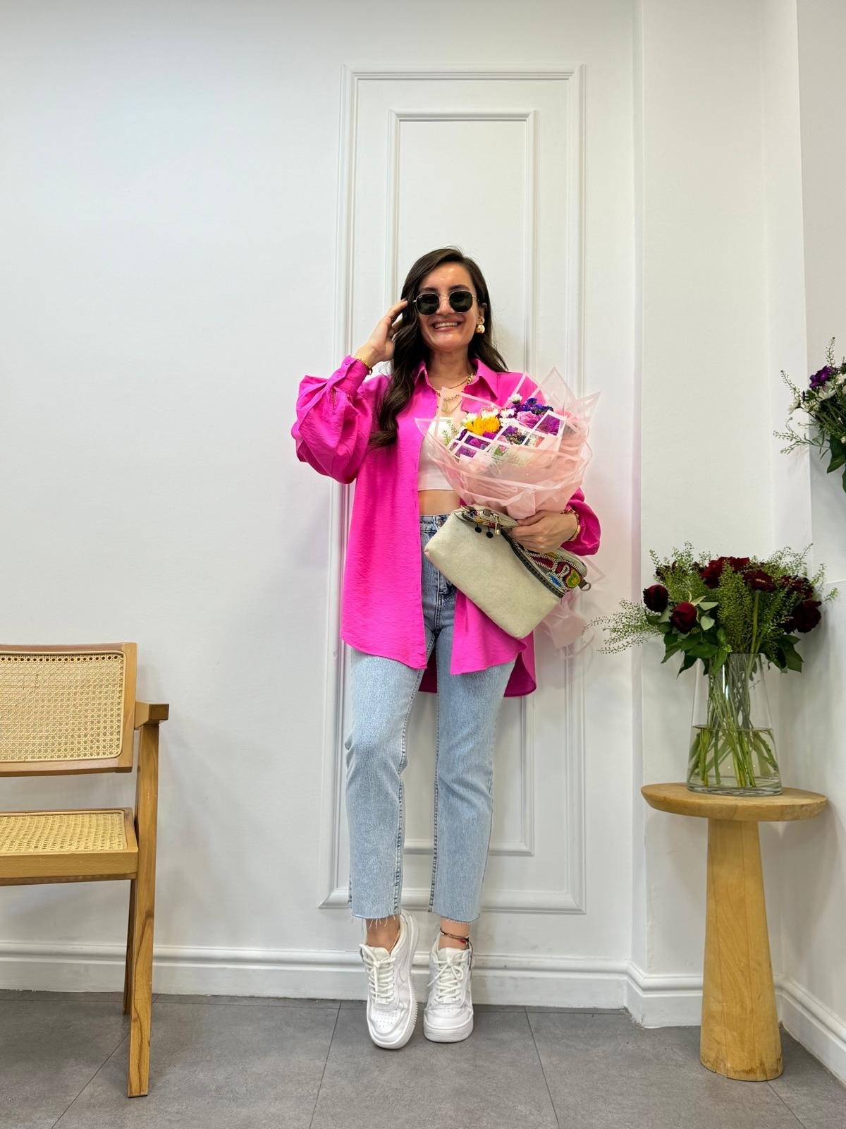 Fuşya Balon Kol Oversize Gömlek 0341