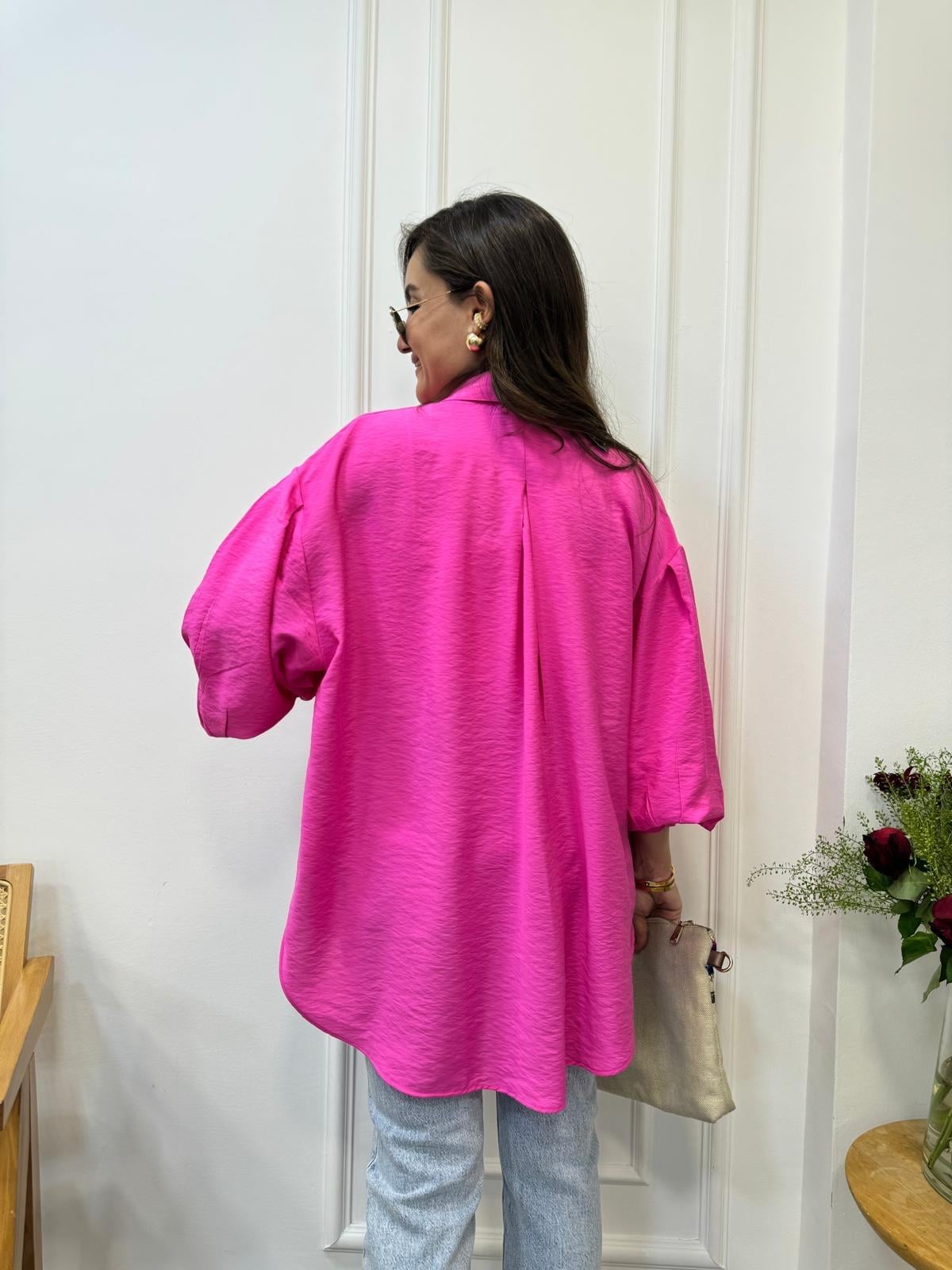 Fuşya Balon Kol Oversize Gömlek 0341