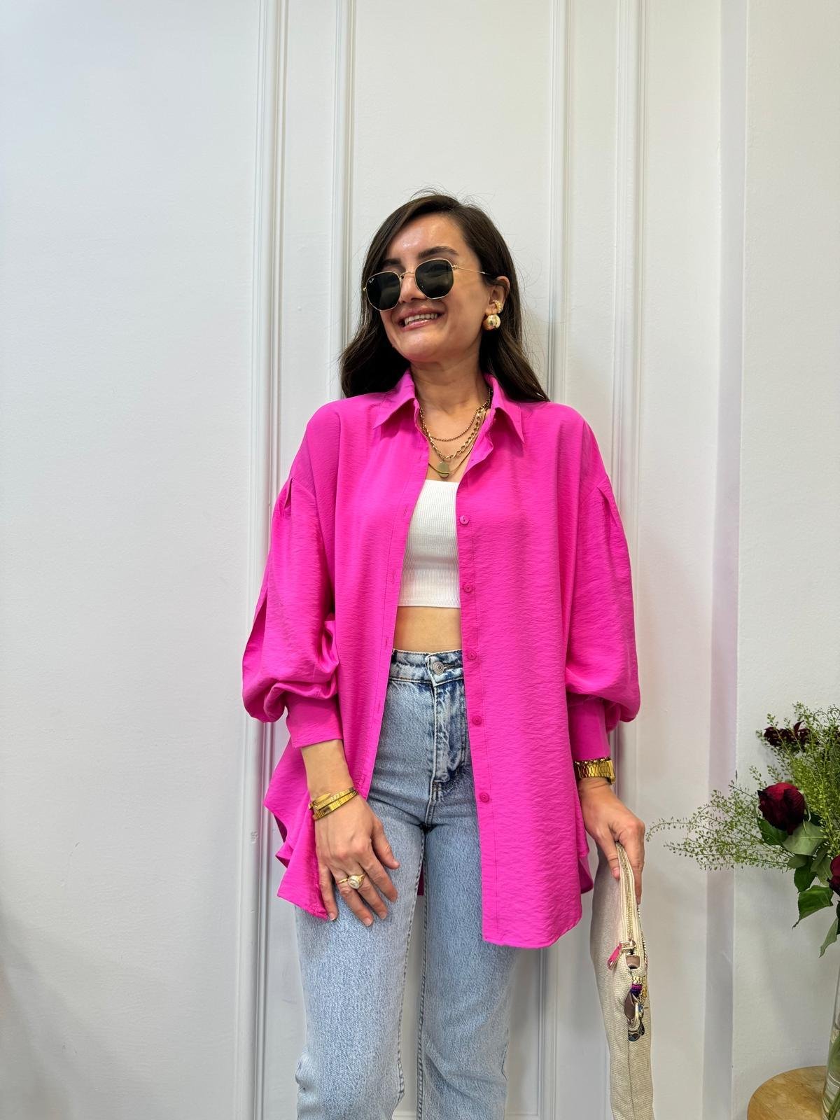 Fuşya Balon Kol Oversize Gömlek 0341