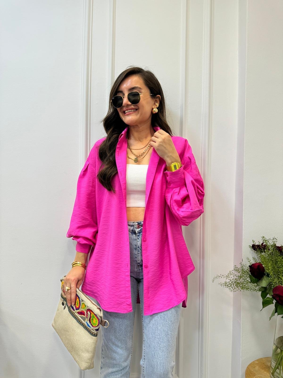 Fuşya Balon Kol Oversize Gömlek 0341