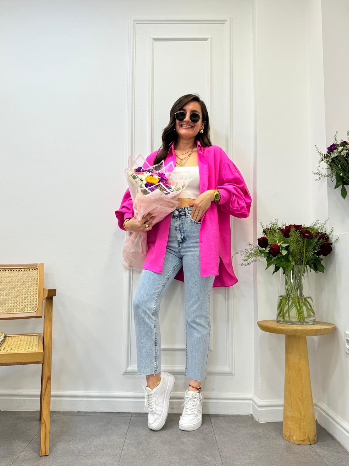 Fuşya Balon Kol Oversize Gömlek 0341