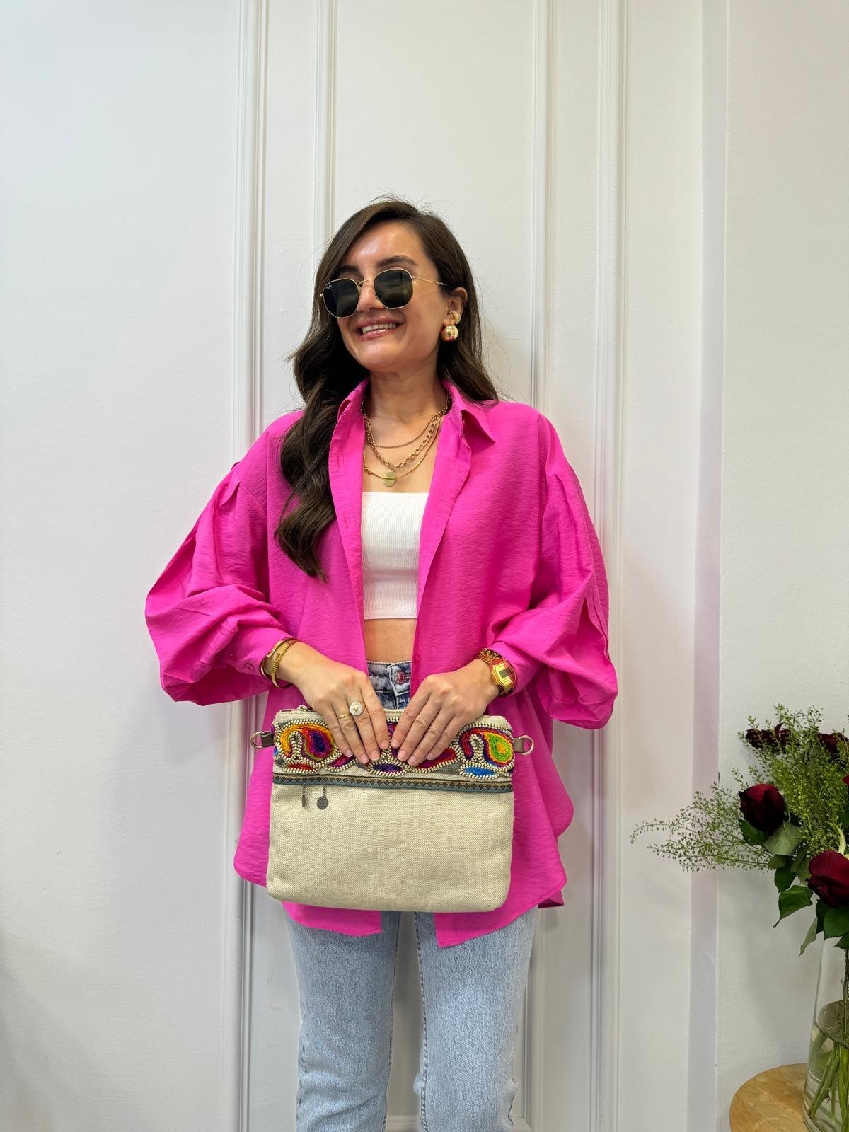 Fuşya Balon Kol Oversize Gömlek 0341