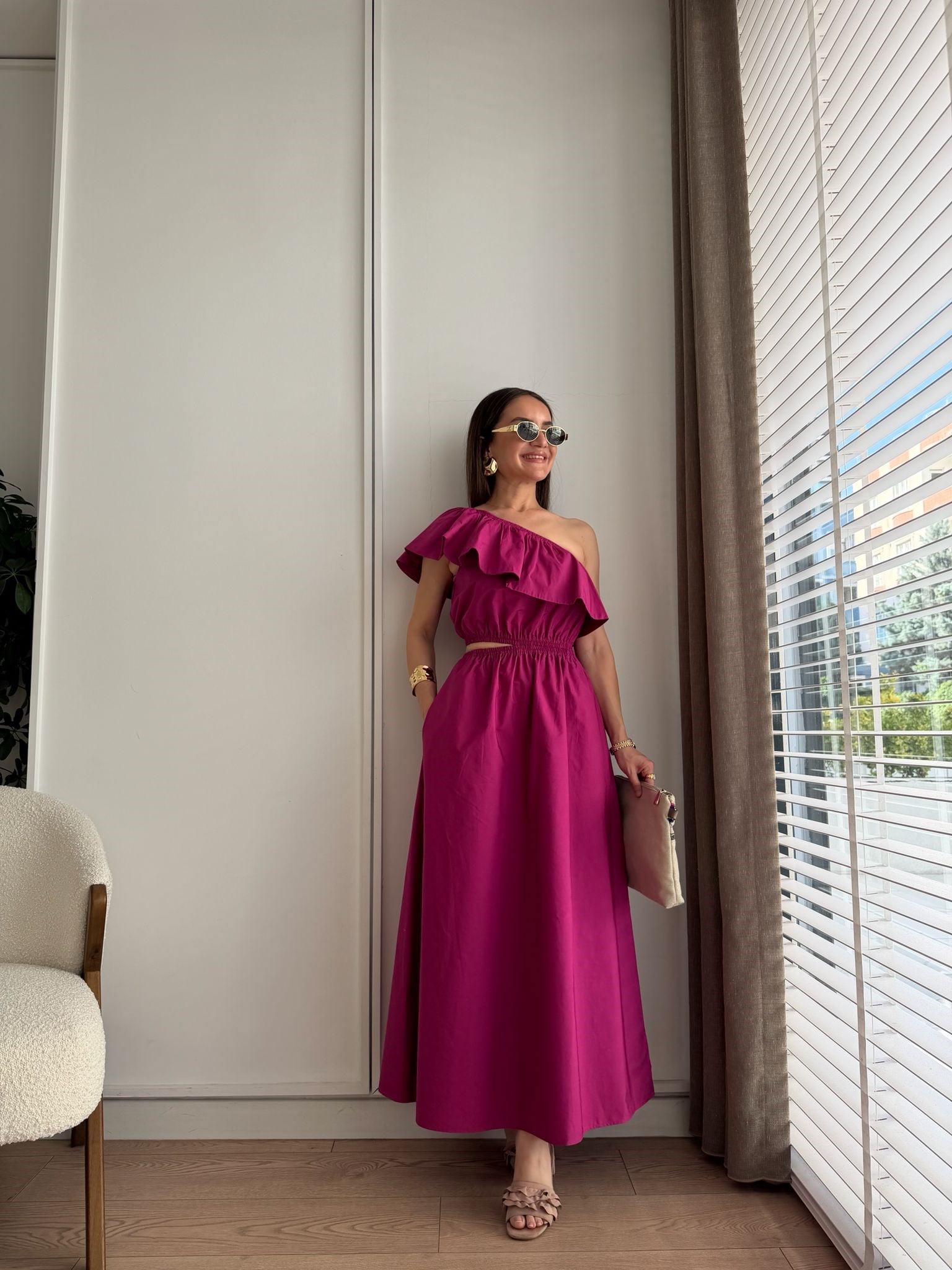 Fuşya Bel Dekolteli Marka Tek Omuz Elbise 5521