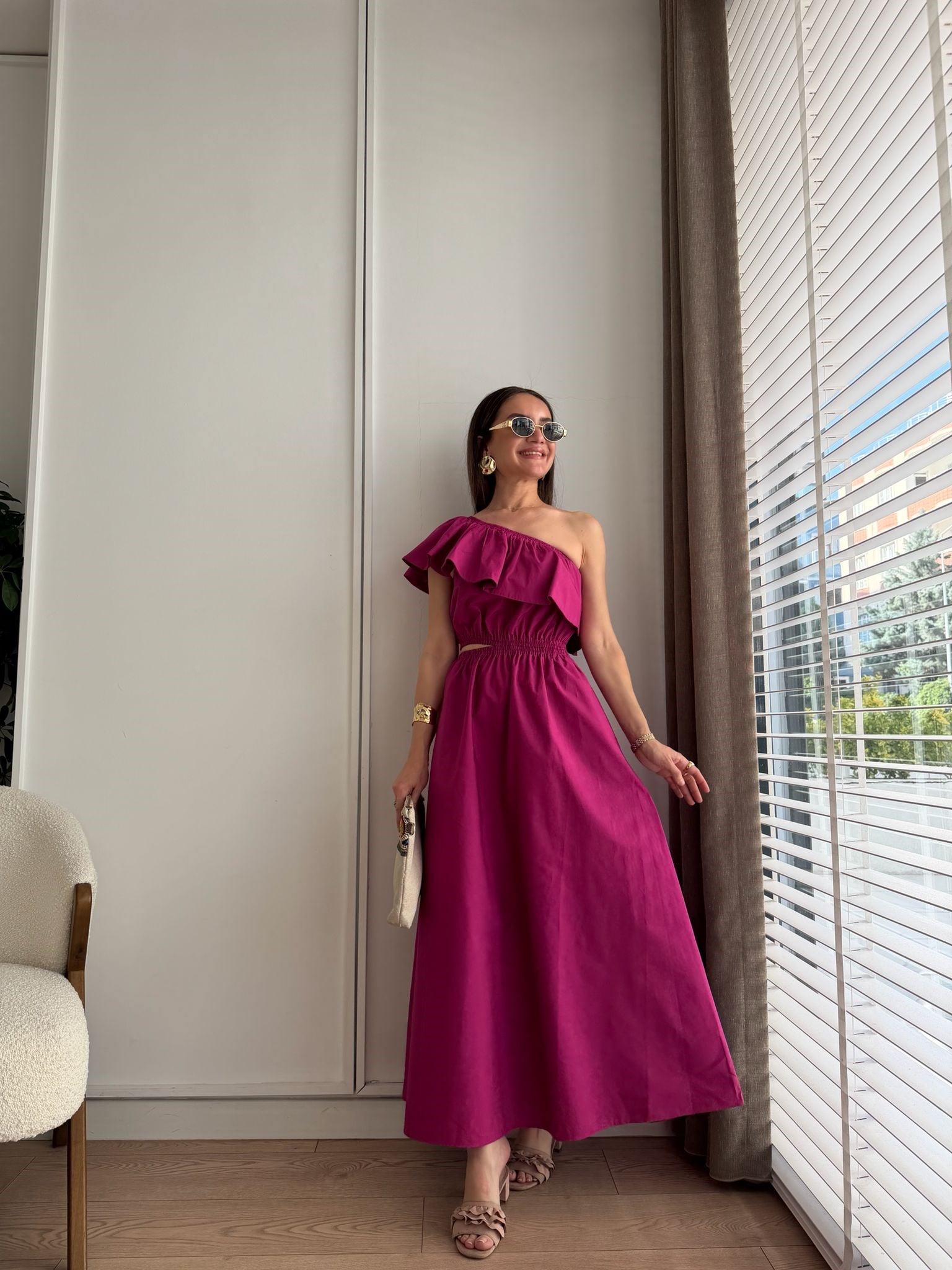 Fuşya Bel Dekolteli Marka Tek Omuz Elbise 5521