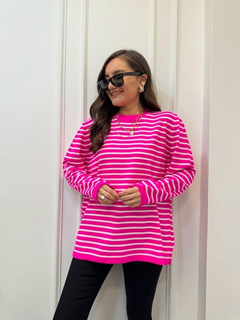 Fuşya Beyaz Çizgili Triko Bluz 4044
