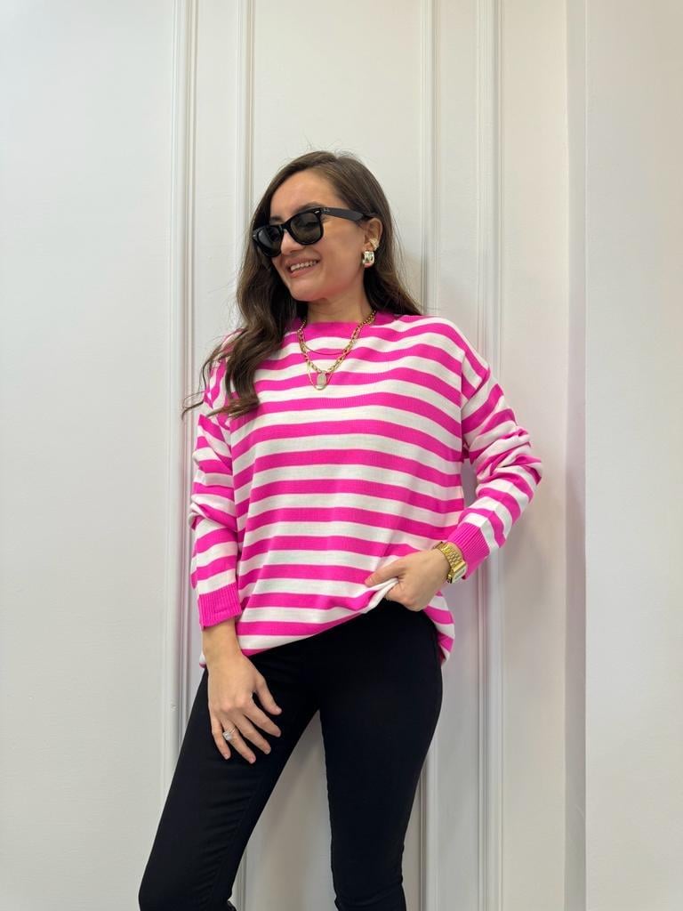 Fuşya Bisiklet Yaka Oversize Triko Bluz 3723