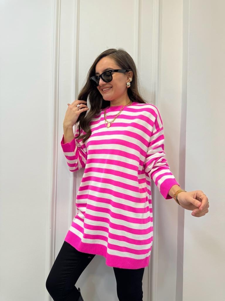 Fuşya Bisiklet Yaka Oversize Triko Bluz 3723