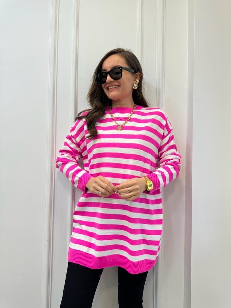 Fuşya Bisiklet Yaka Oversize Triko Bluz 3723