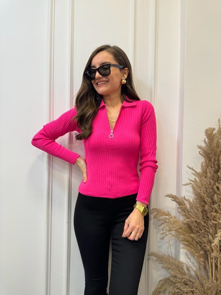 Fuşya Çizgili Polo Yaka Fermuarlı Triko Bluz 3739