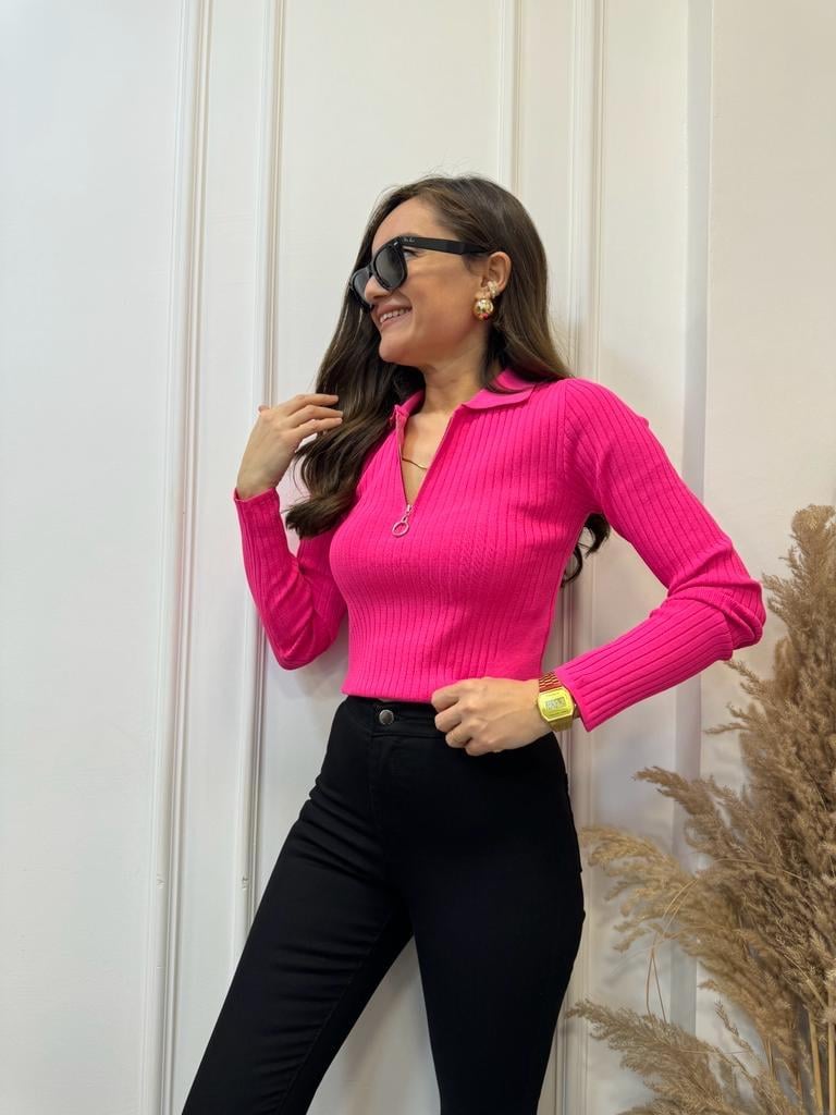 Fuşya Çizgili Polo Yaka Fermuarlı Triko Bluz 3739