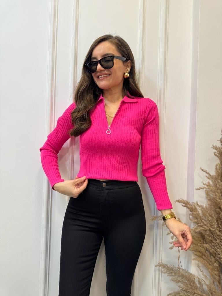 Fuşya Çizgili Polo Yaka Fermuarlı Triko Bluz 3739