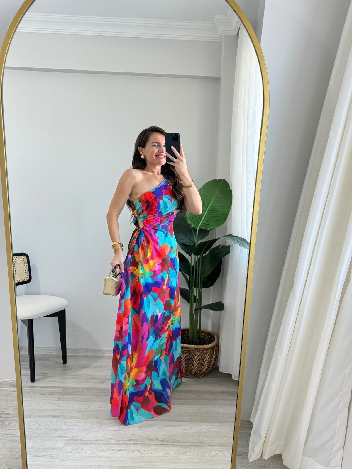 Fuşya Desenli Bel Dekolteli Tek Omuz Elbise 5956