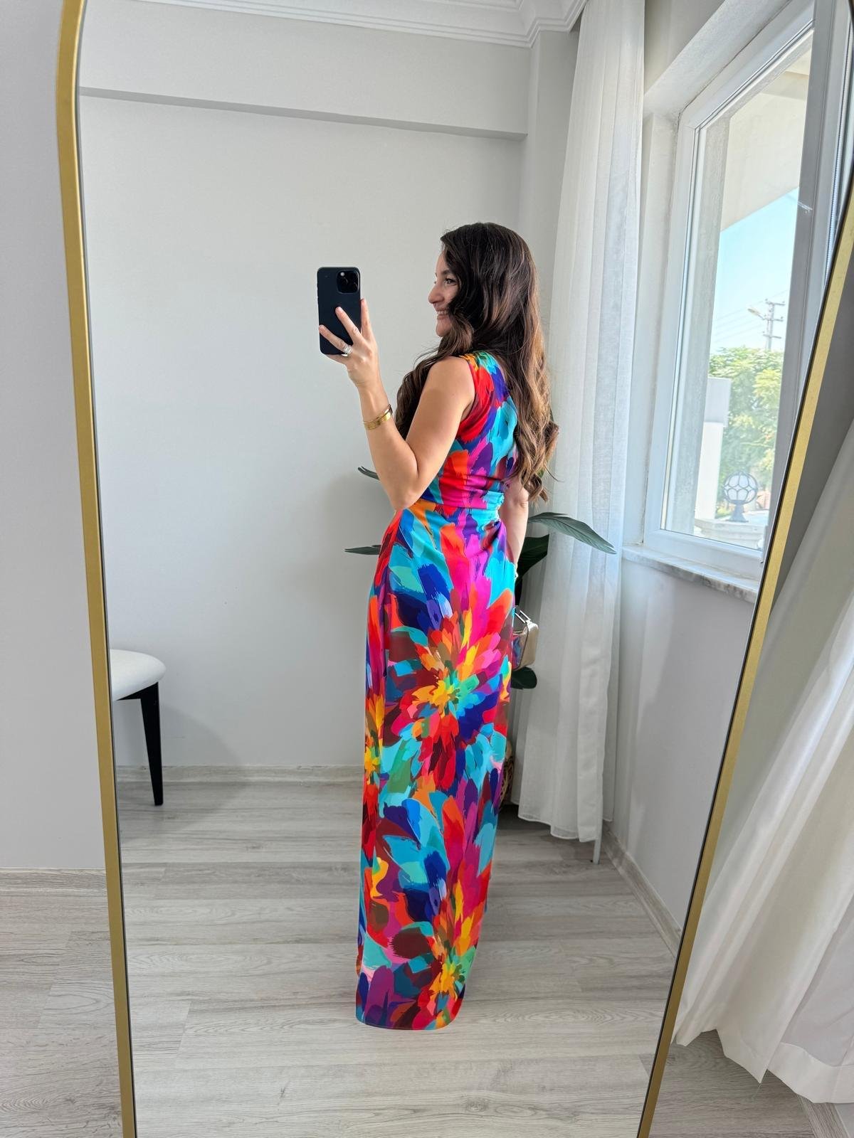 Fuşya Desenli Bel Dekolteli Tek Omuz Elbise 5956