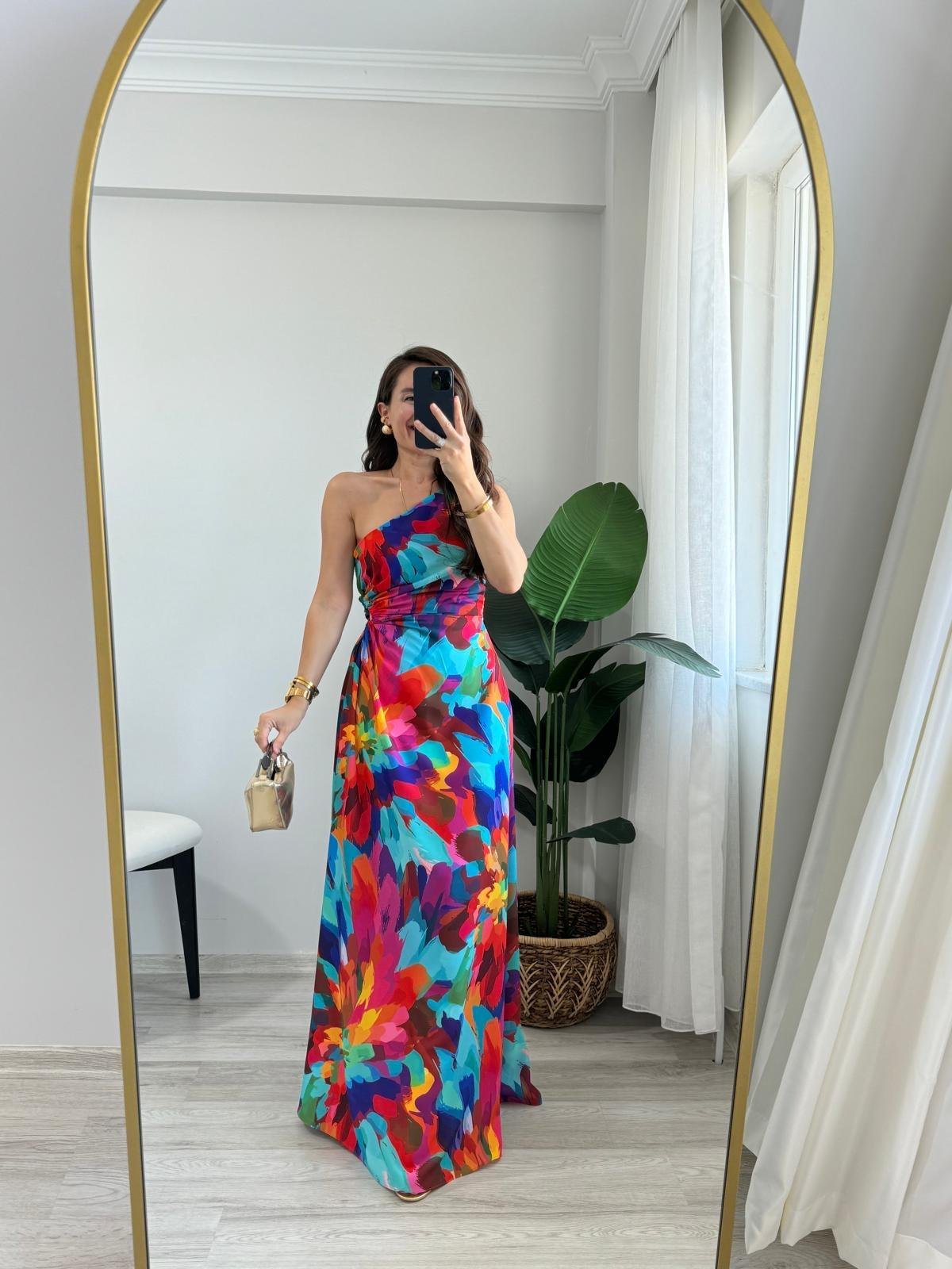 Fuşya Desenli Bel Dekolteli Tek Omuz Elbise 5956