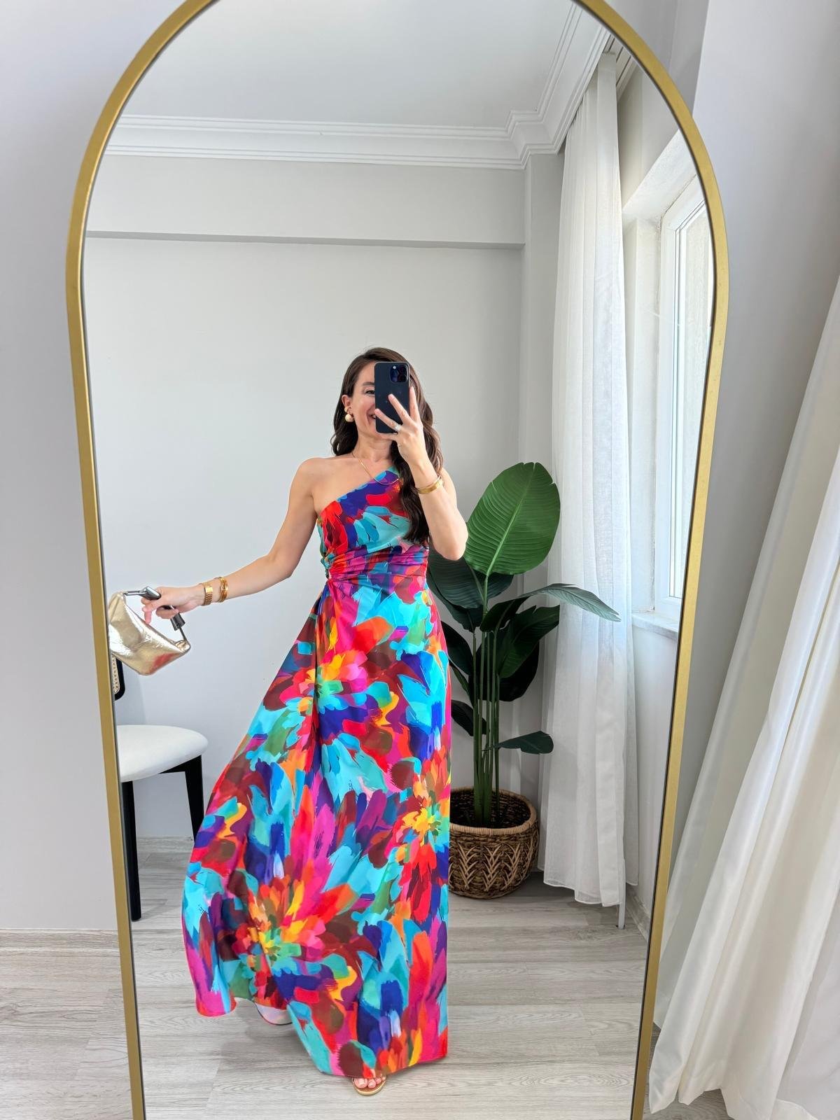 Fuşya Desenli Bel Dekolteli Tek Omuz Elbise 5956