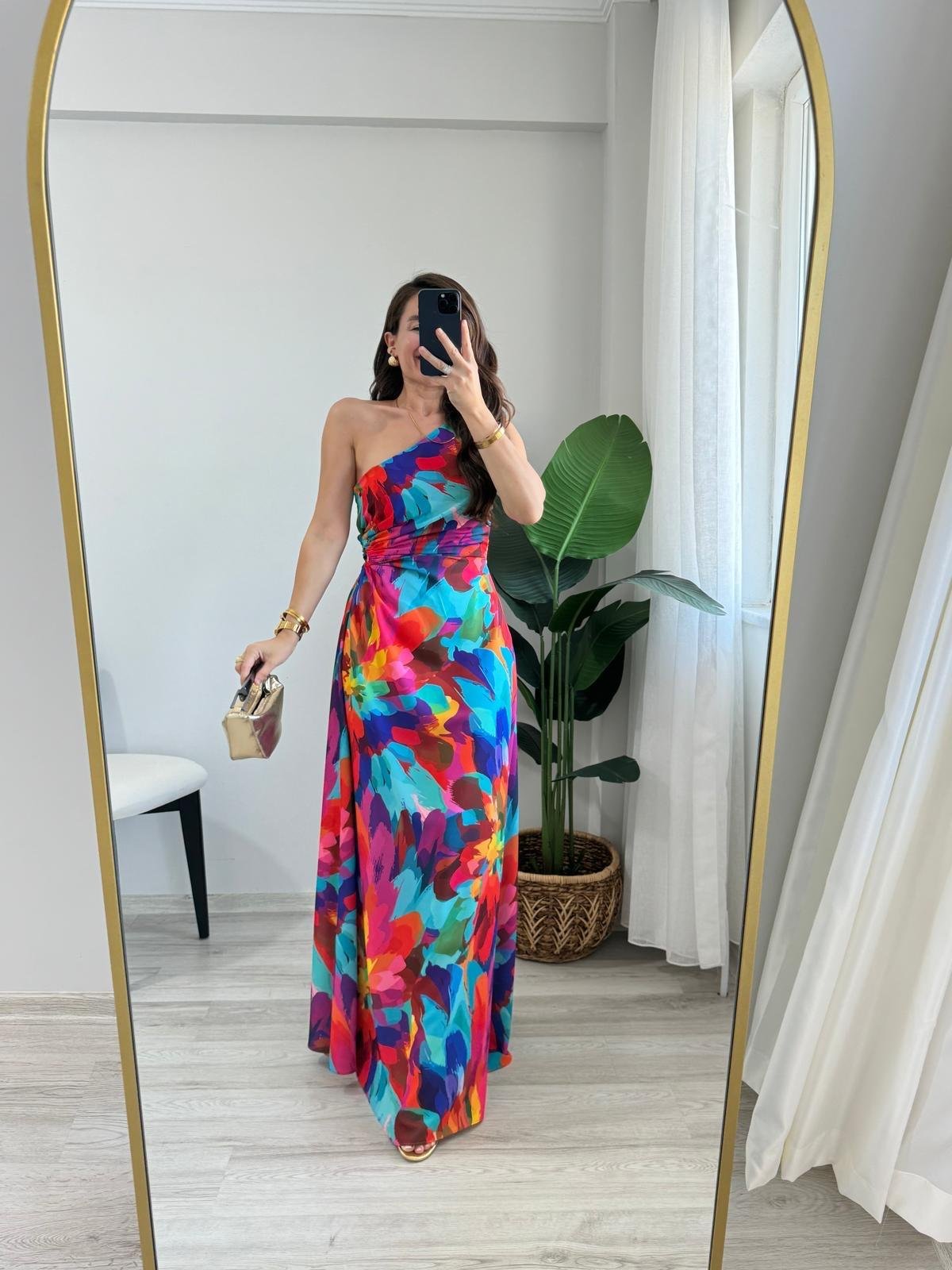 Fuşya Desenli Bel Dekolteli Tek Omuz Elbise 5956