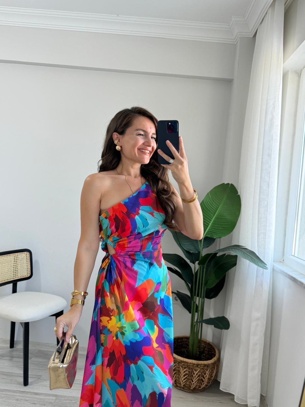 Fuşya Desenli Bel Dekolteli Tek Omuz Elbise 5956