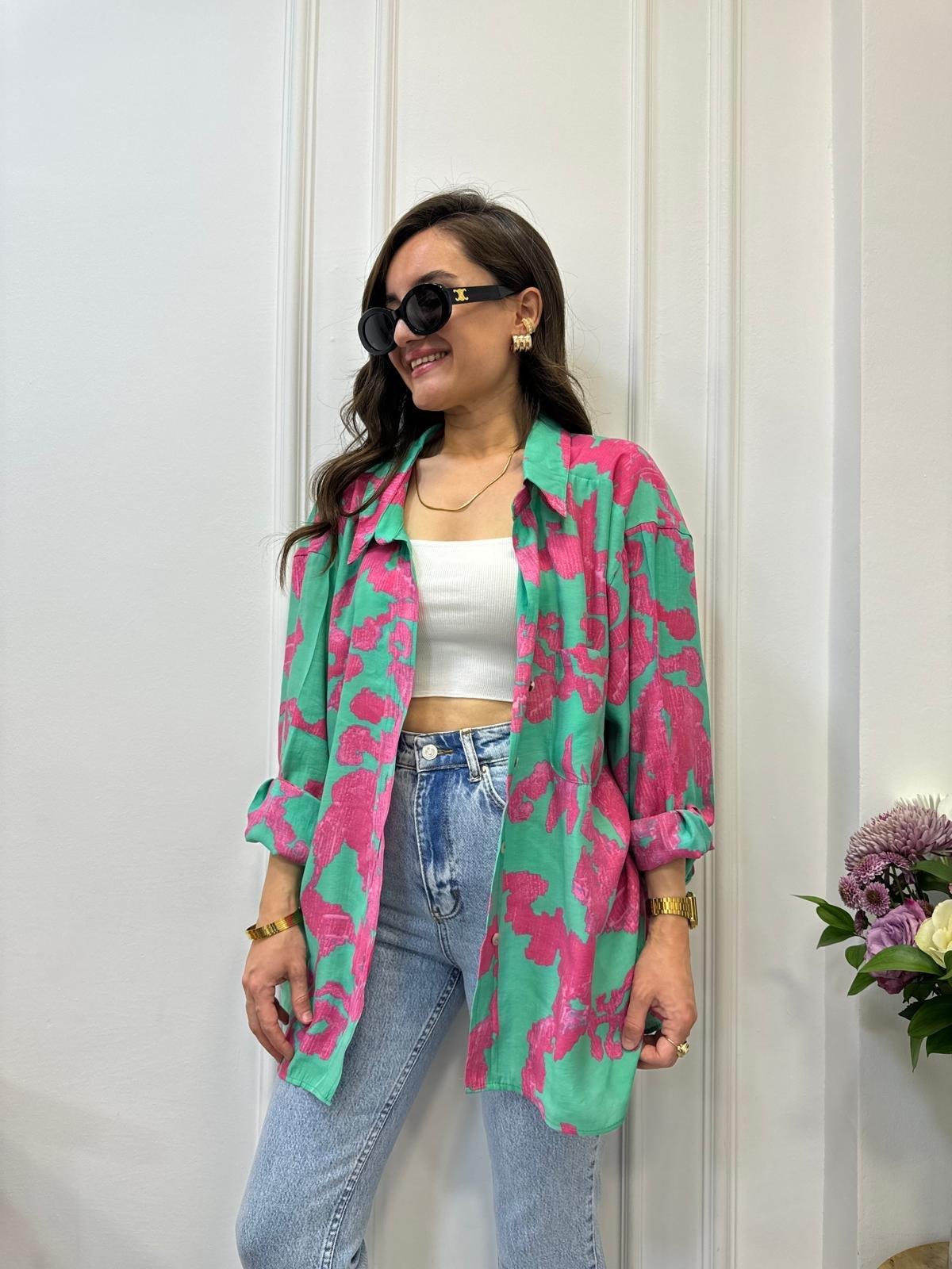 Fuşya Desenli Lüx Kalite Oversize Gömlek 4832