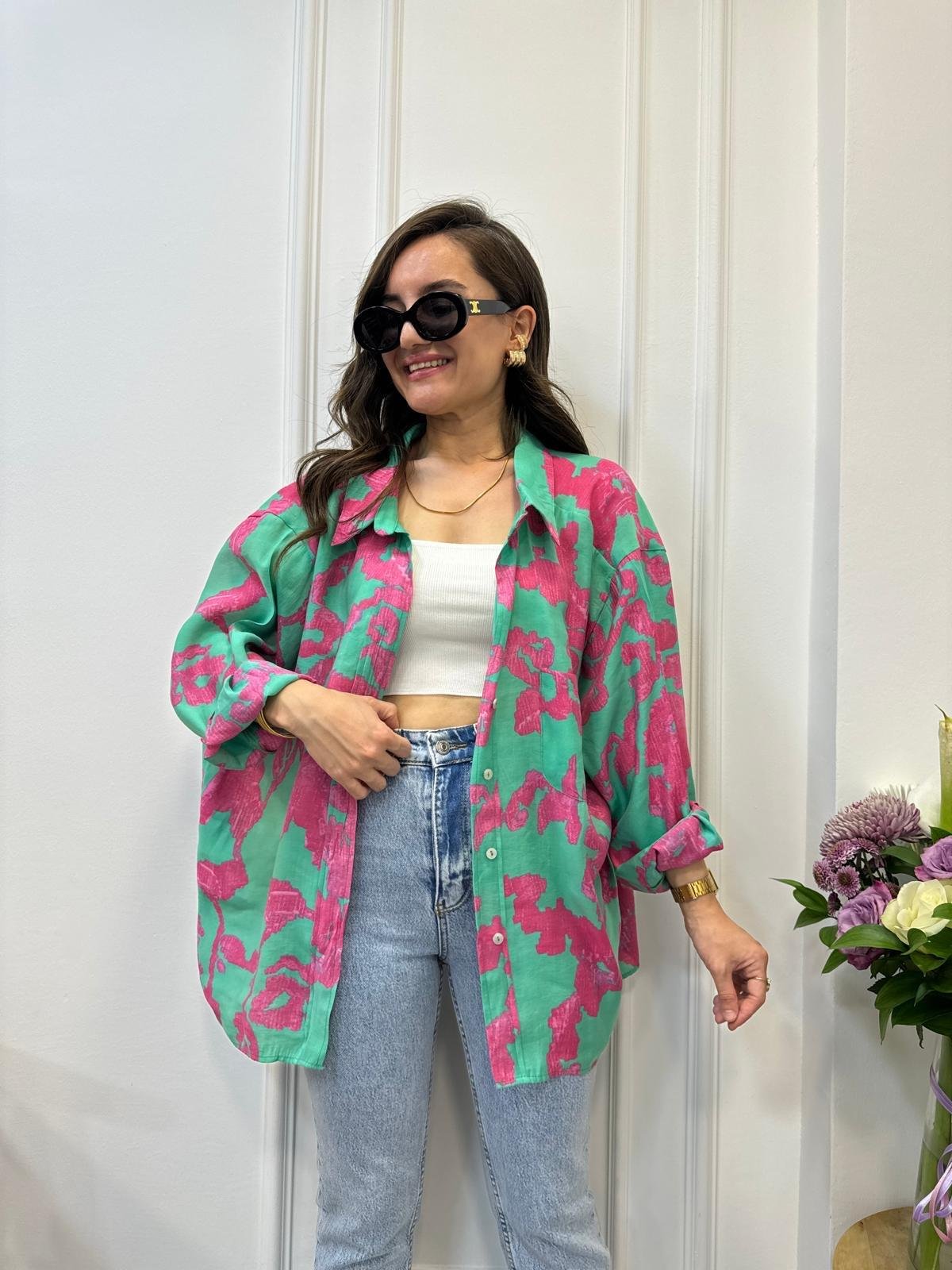 Fuşya Desenli Lüx Kalite Oversize Gömlek 4832