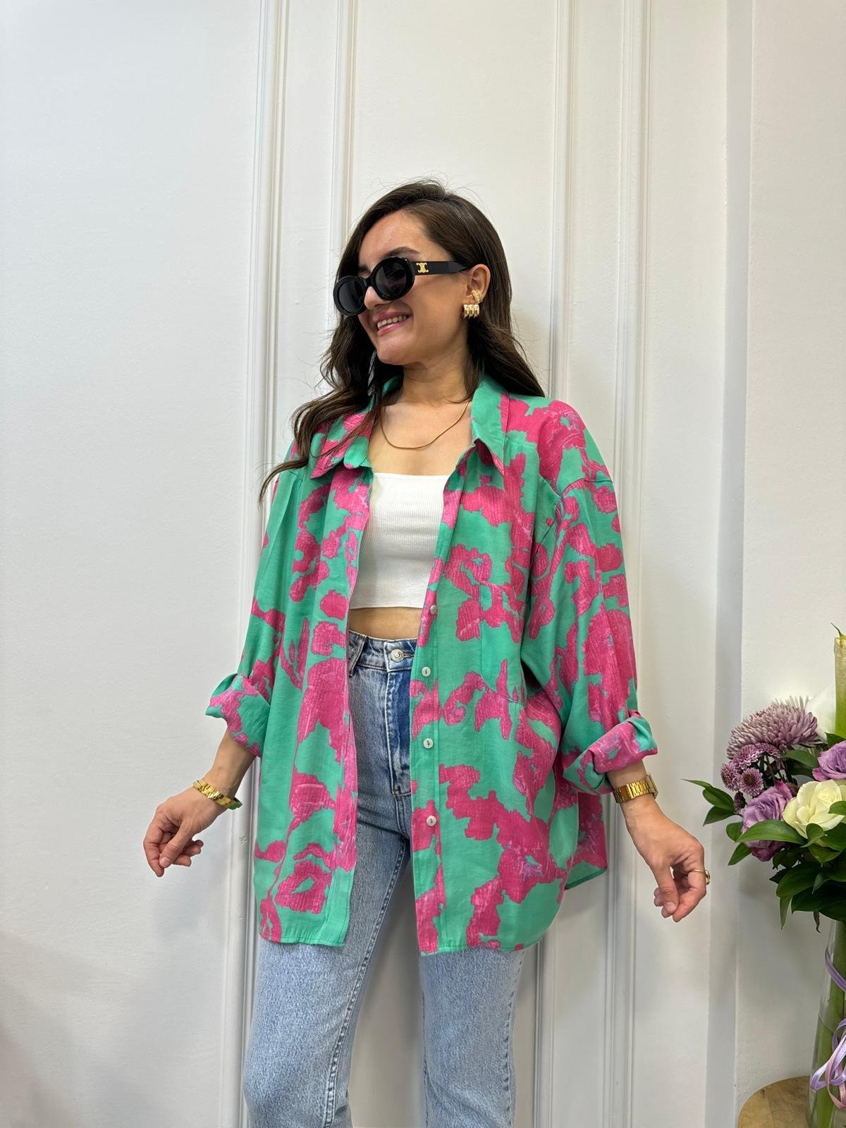 Fuşya Desenli Lüx Kalite Oversize Gömlek 4832