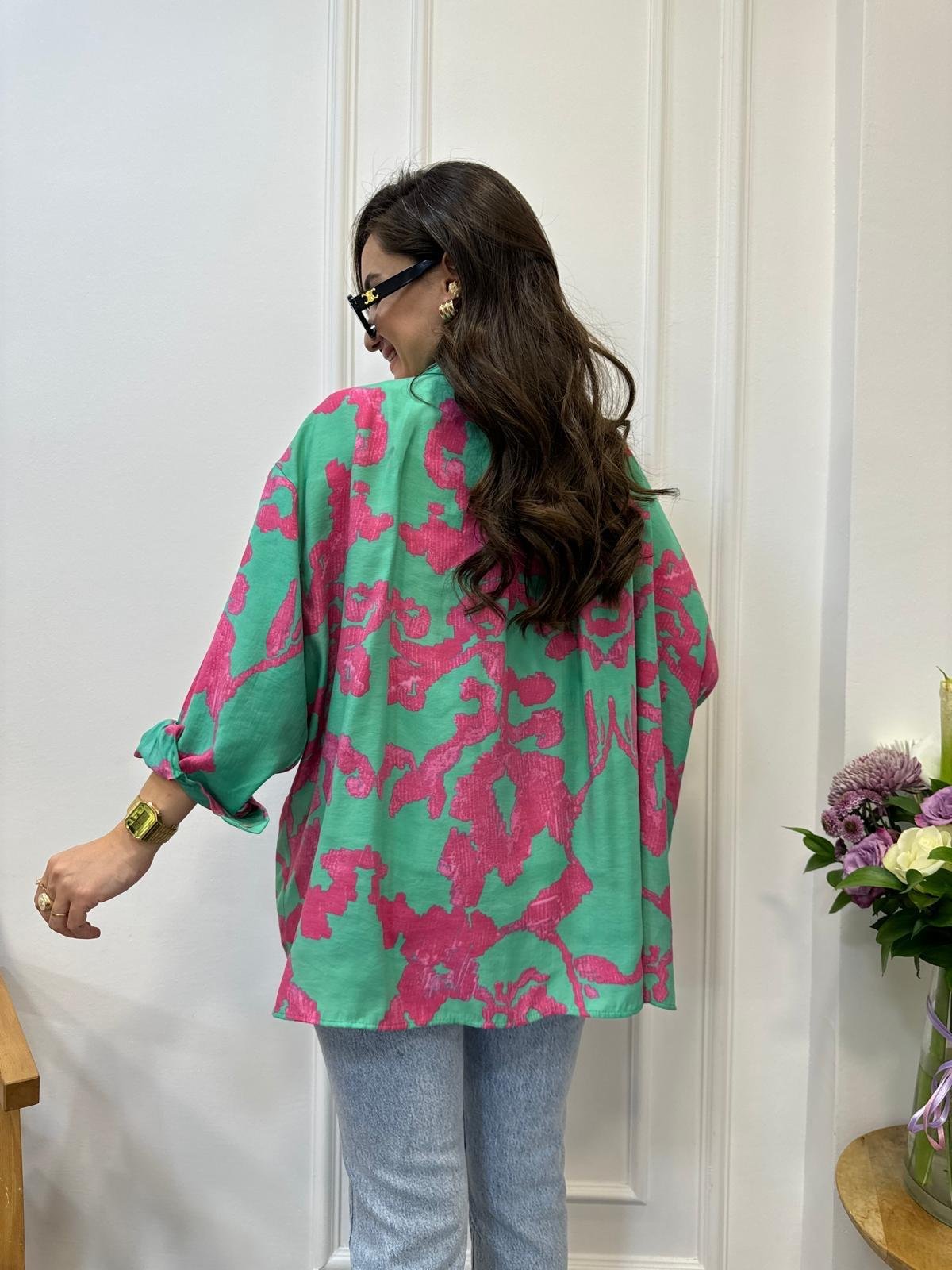 Fuşya Desenli Lüx Kalite Oversize Gömlek 4832
