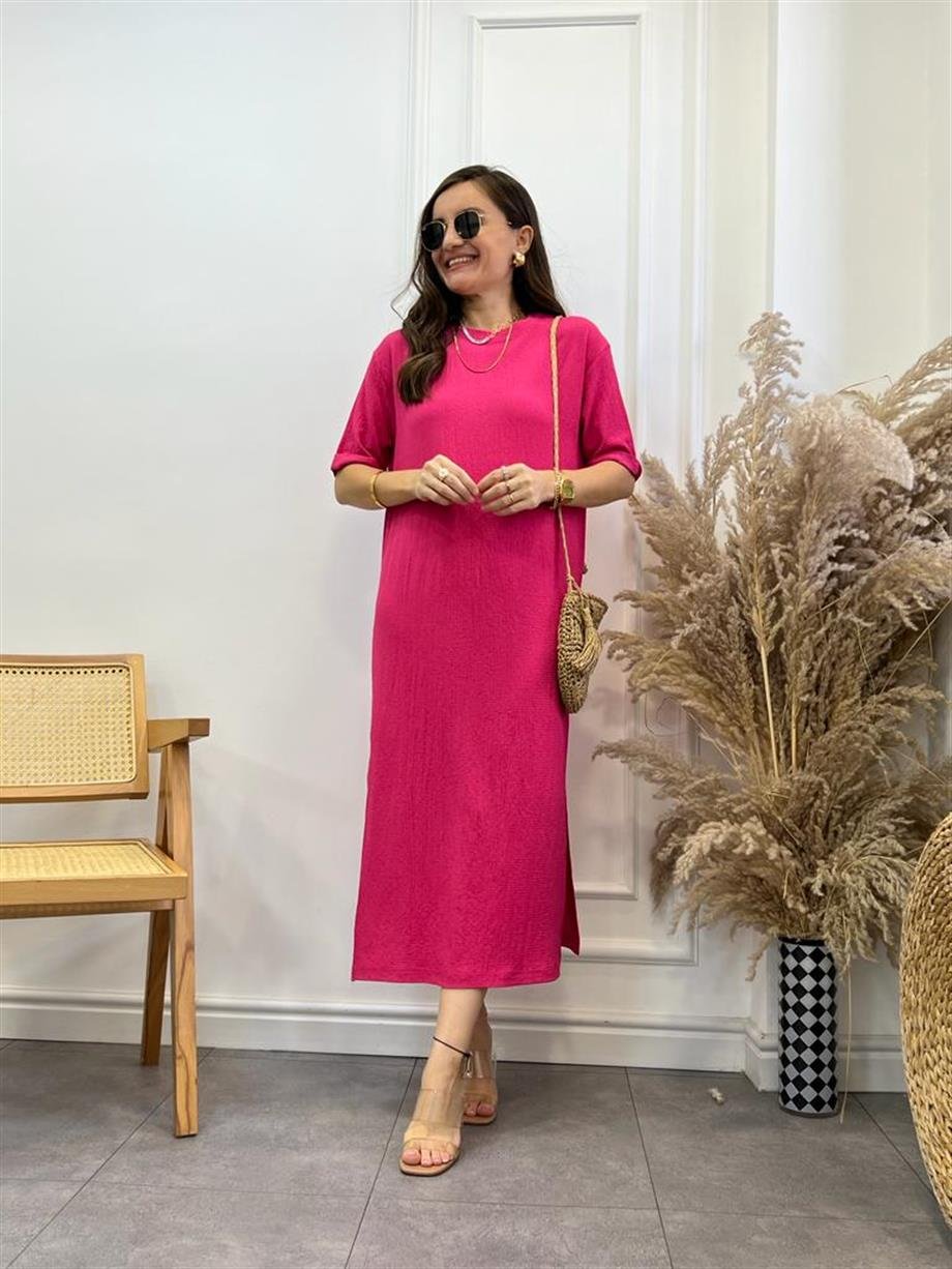 Fuşya Gofre Kumaş Yırtmaçlı Basic Elbise 0411