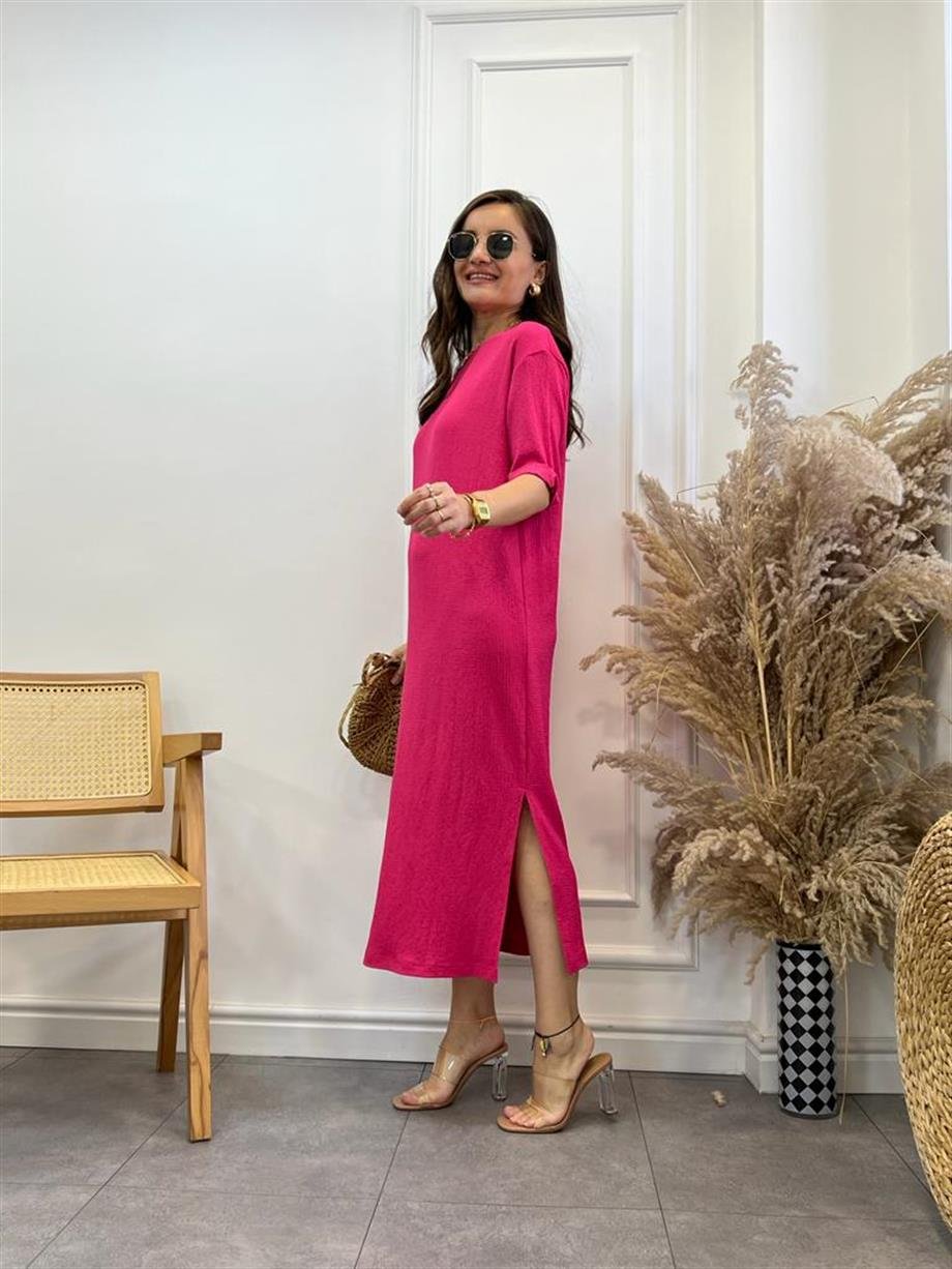 Fuşya Gofre Kumaş Yırtmaçlı Basic Elbise 0411