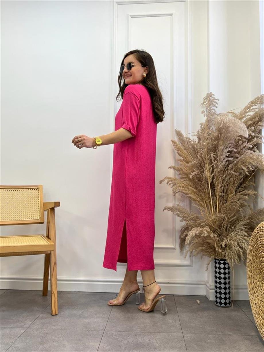 Fuşya Gofre Kumaş Yırtmaçlı Basic Elbise 0411