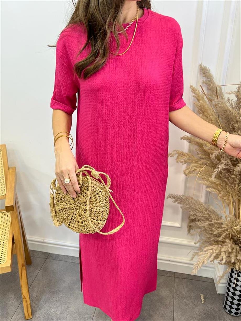 Fuşya Gofre Kumaş Yırtmaçlı Basic Elbise 0411