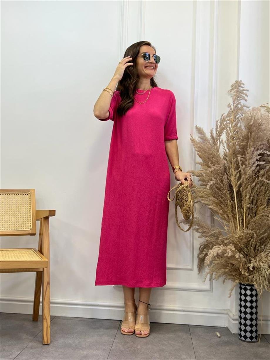 Fuşya Gofre Kumaş Yırtmaçlı Basic Elbise 0411