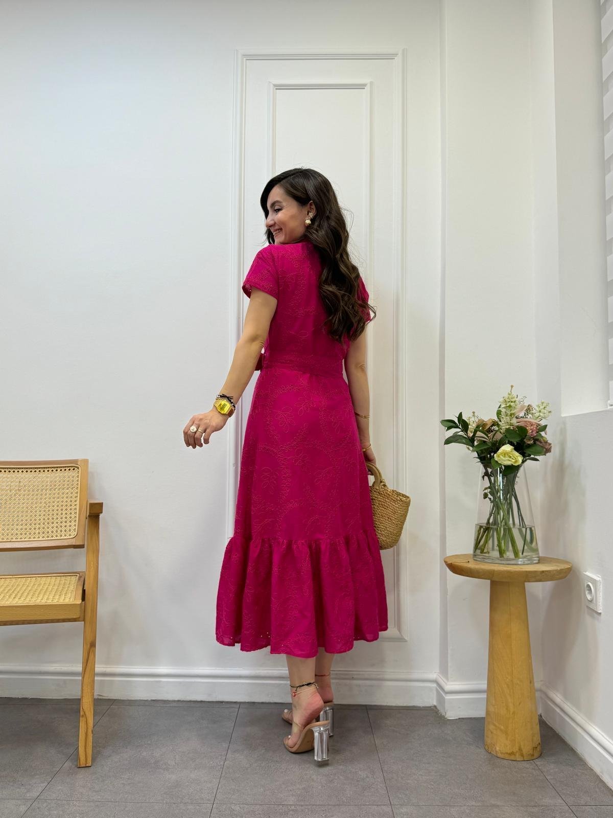 Fuşya Hakim Yaka Düğme Detaylı Brode Elbise 2022